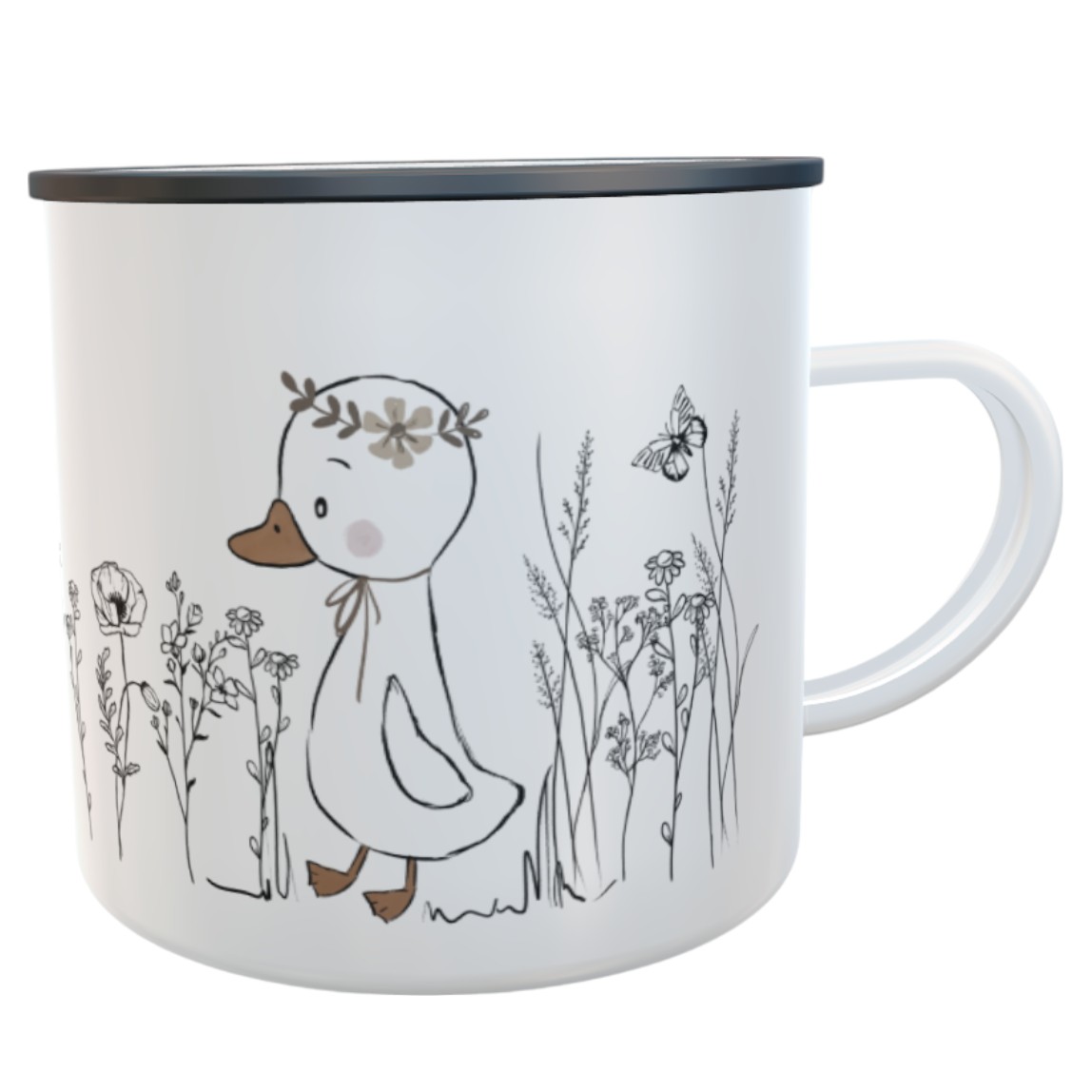 Personalisierte Emaille-Tasse mit Name – Design Ente & Blumenwiese