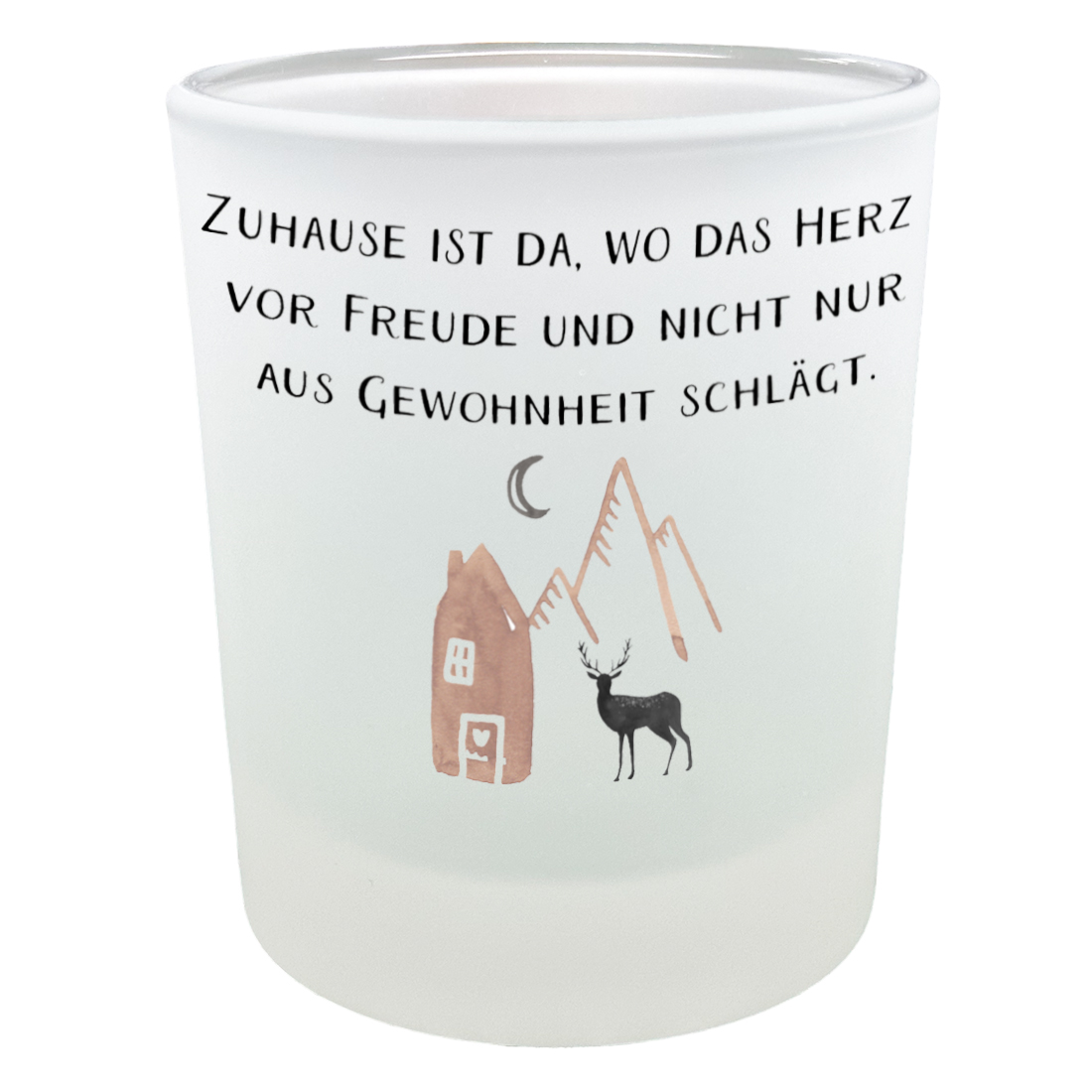 Teelichthalter Hirsch/Berge mit Spruch Zuhause ist da, wo das Herz vor Freude schlägt