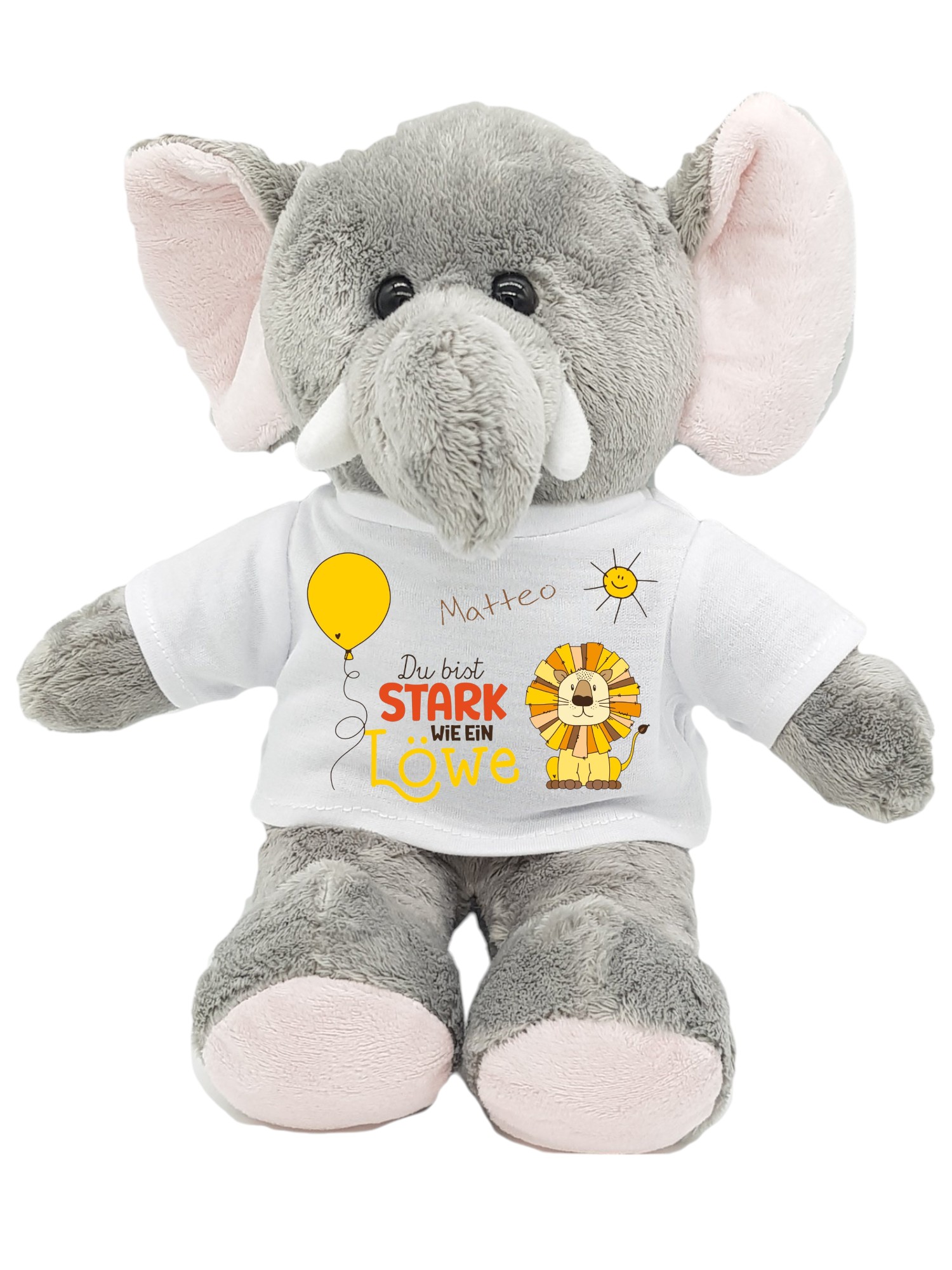 Personalisierter Elefant – Kuscheltier mit Genesungsspruch