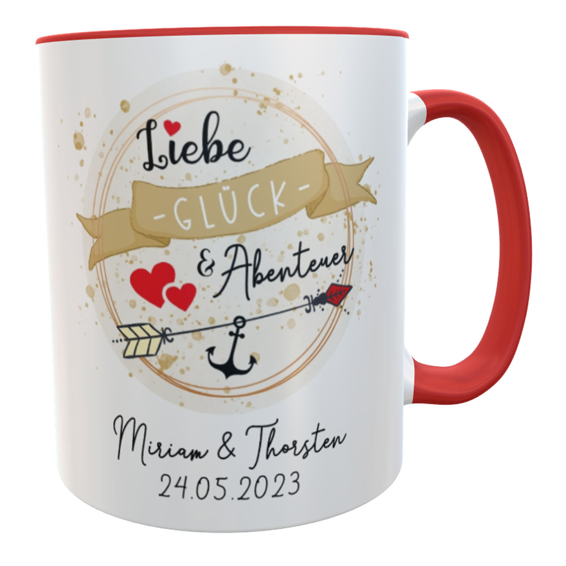 Personalisierte Hochzeitstasse mit Anker-Spruch, Namen des Brautpaares und Hochzeitsdatum - Hochzeitsgeschenk