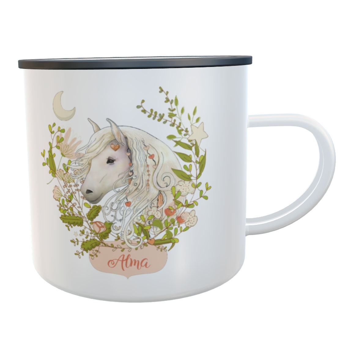 Emaille-Tasse Pferdekopf mit Namen