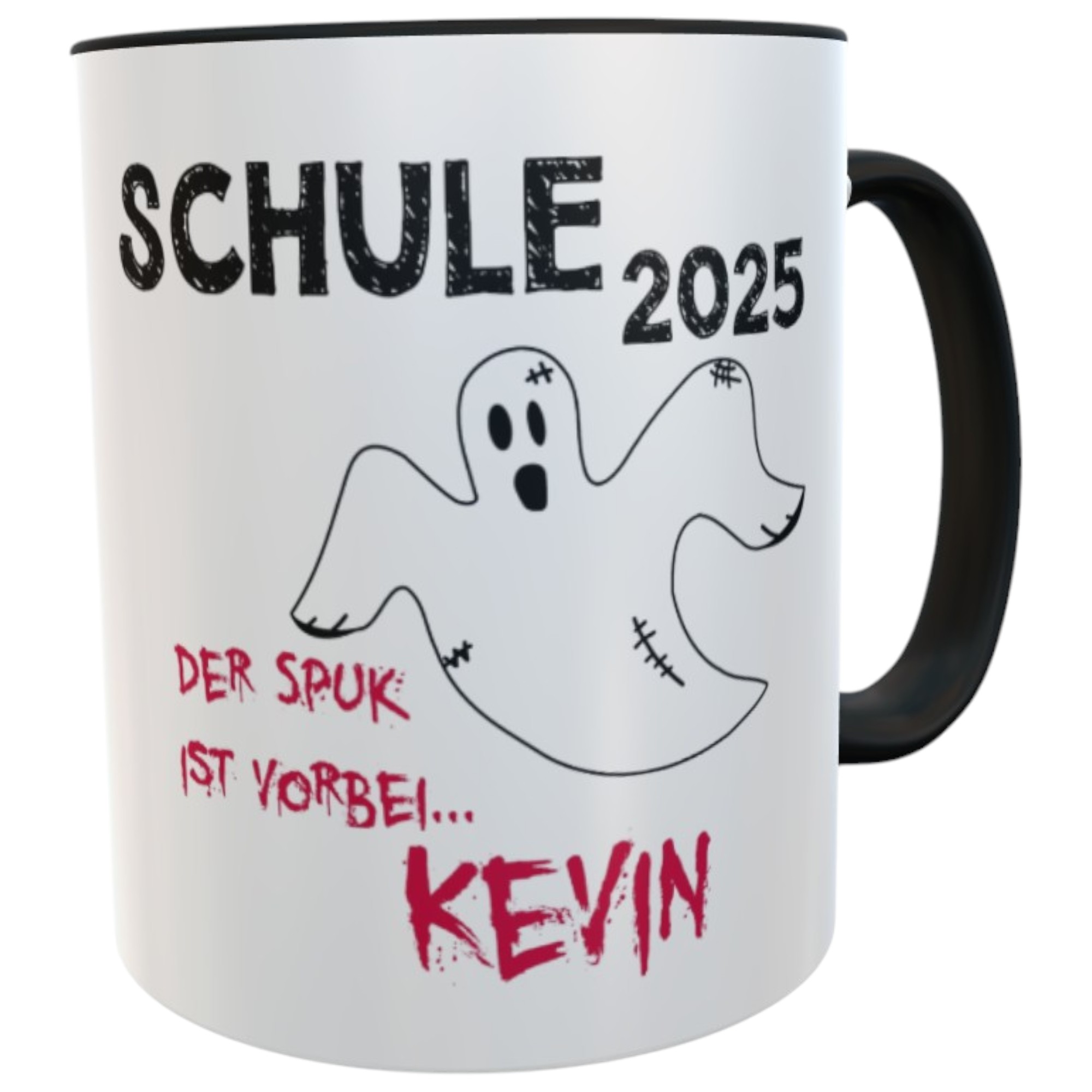 Personalisierte Abschluss-Tasse "Schule 2025 Spuk vorbei" lustiger Spruch, Namen schwarz