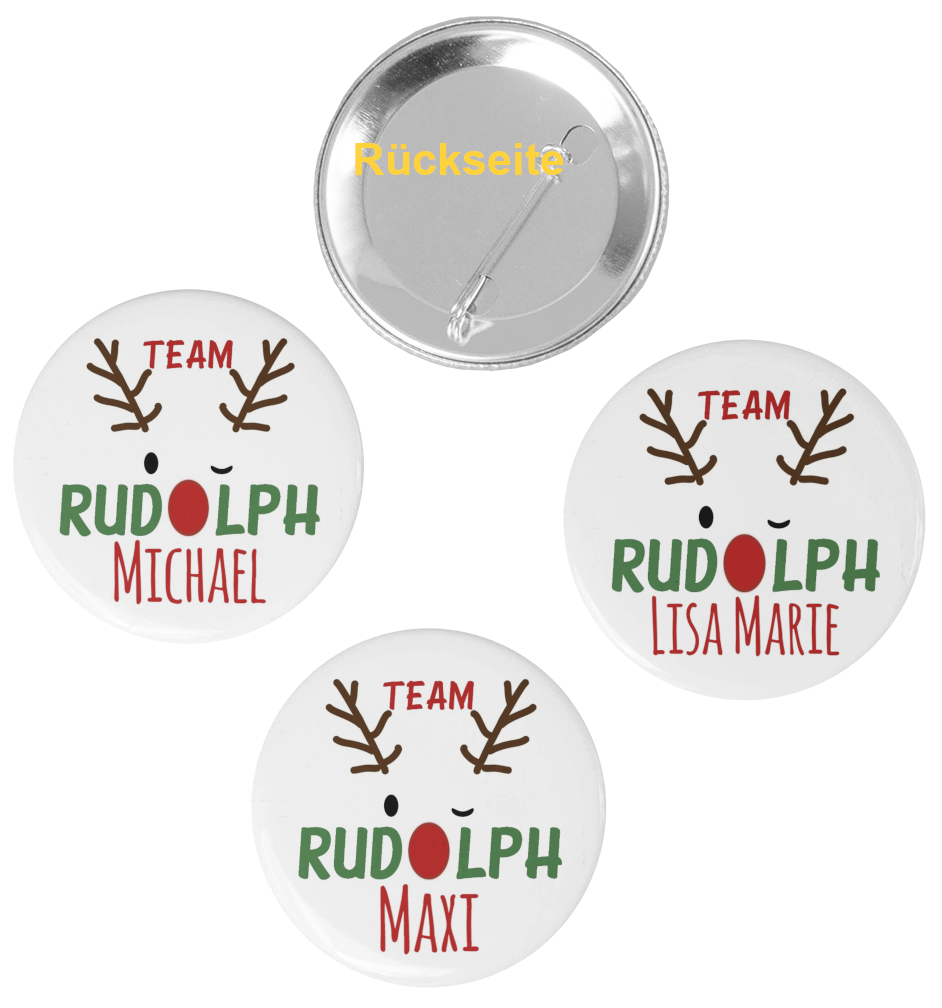 Set Buttons Team Rudolph mit Namen Weihnachten 59mm Ansteck-Pin 3 Buttons