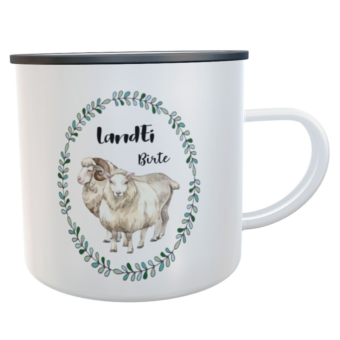 Emaille-Tasse Schaf LandEi Dorfkind