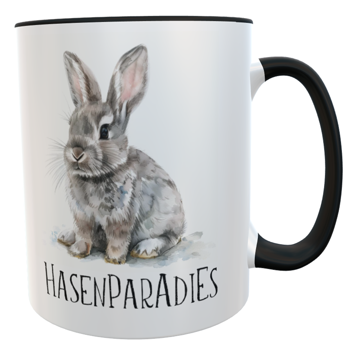 Kaffeetasse Hasenparadies schwarz Aquarell