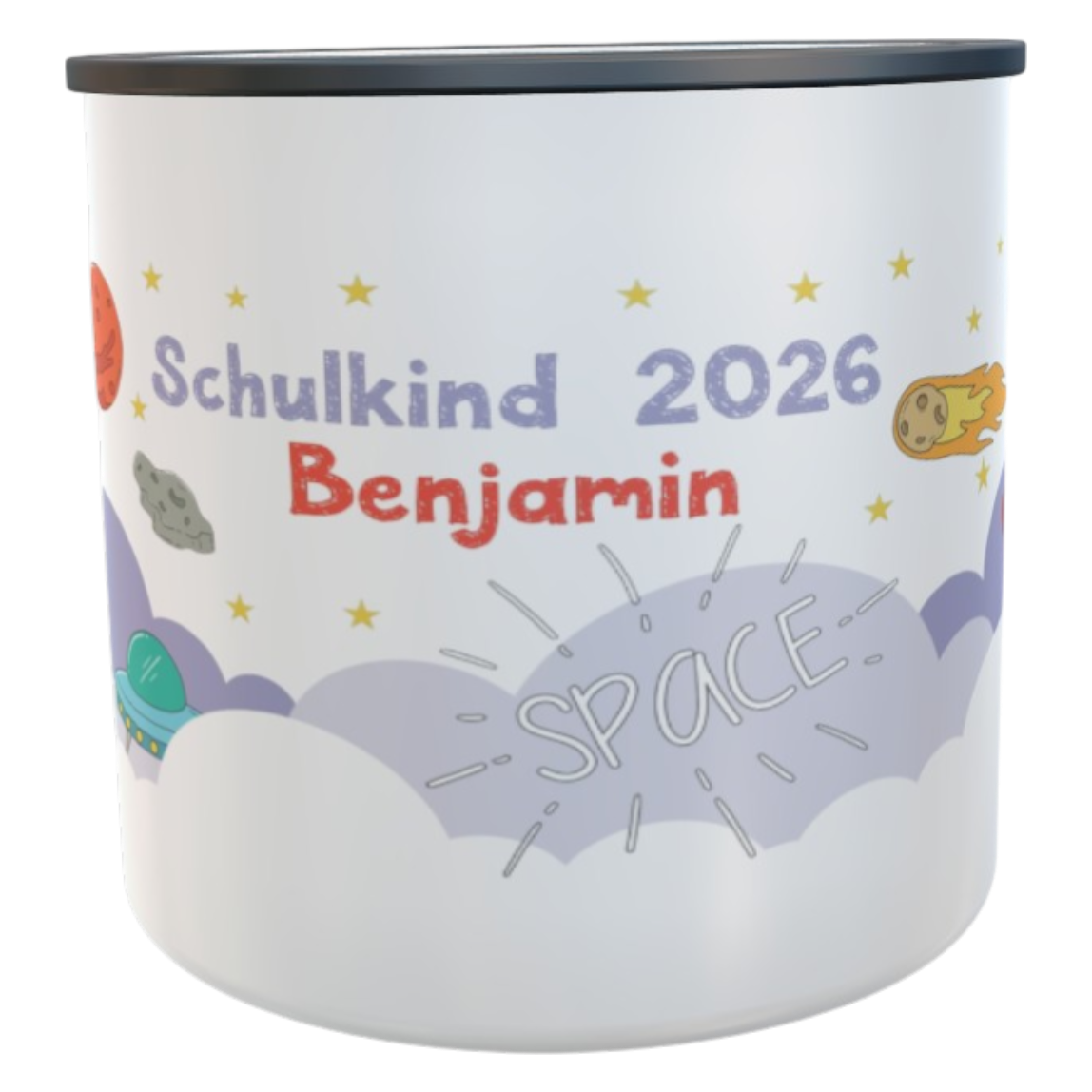 Emaille Tasse Weltall mit Namen Schulkind 2026 Schulkindbecher