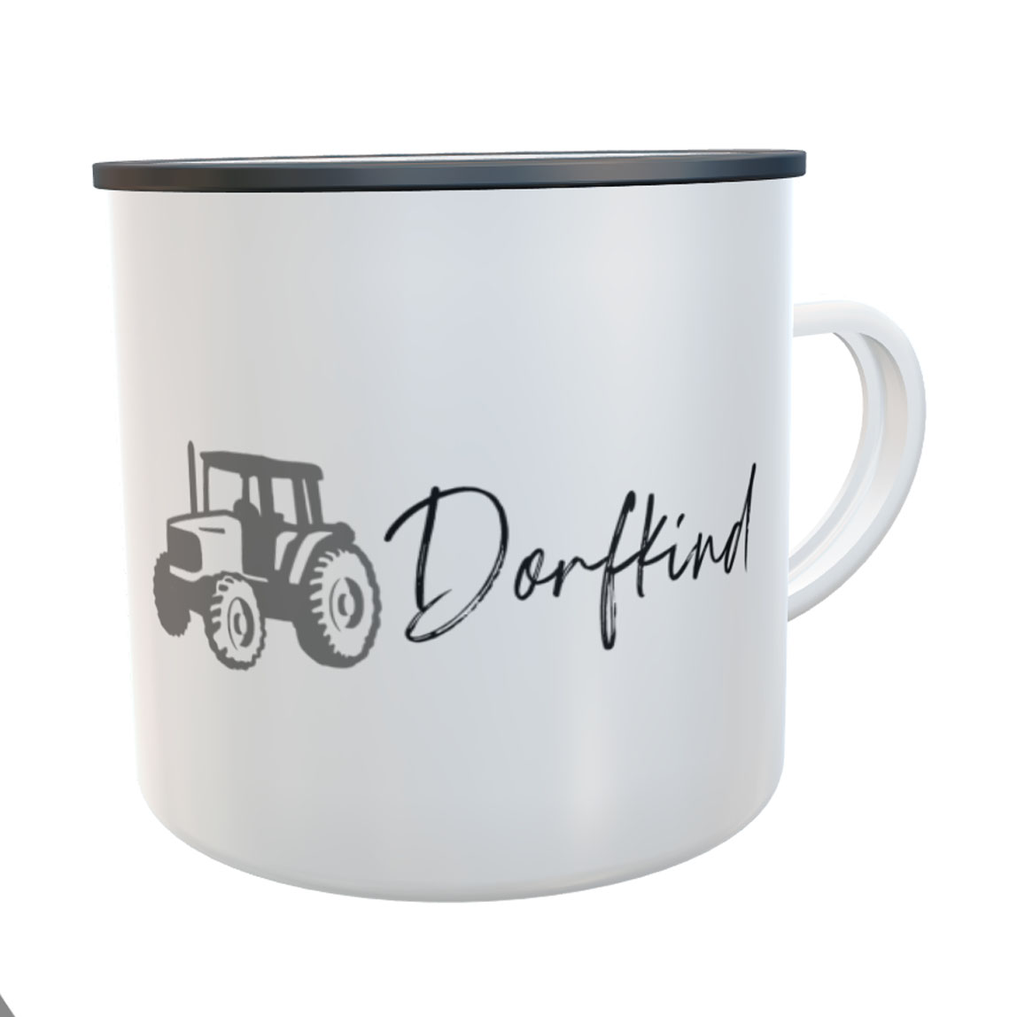 Emaille-Tasse Dorfkind Traktor schwarz mit Namen