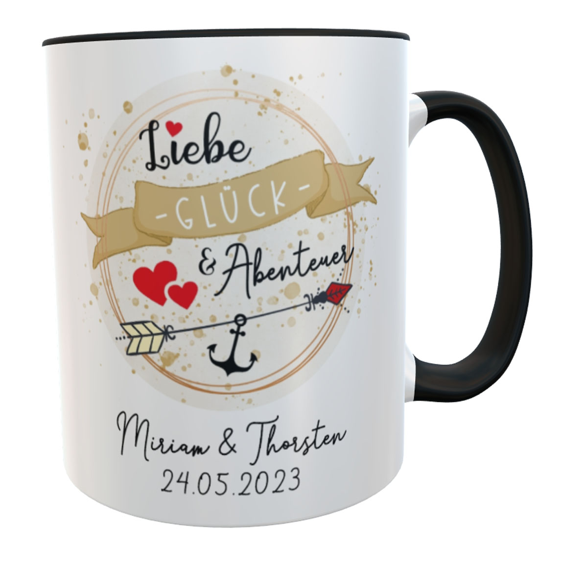 Personalisierte Hochzeitstasse mit Anker-Spruch, Namen des Brautpaares und Hochzeitsdatum - Einzigartiges Hochzeitsgeschenk