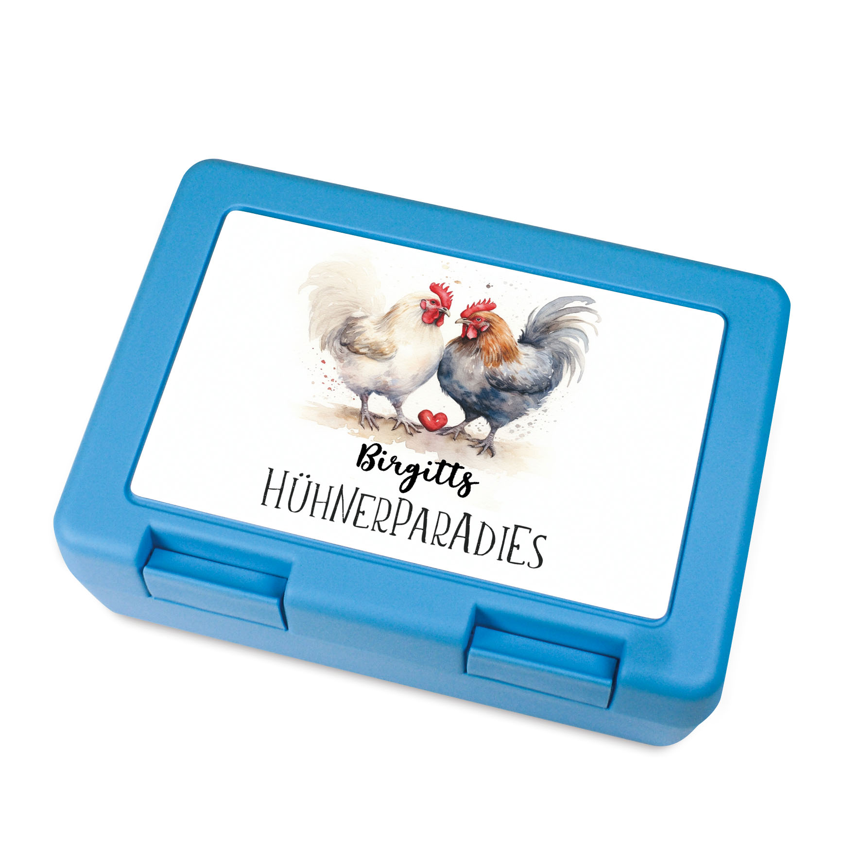 Brotdose Hühner-Paradies 2 mit Herz blau mit Wunschname