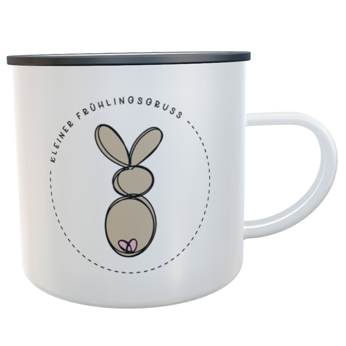 personalisierte Emaille-Tasse Hase/Möhre Spruch kleiner Frühlingsgruss