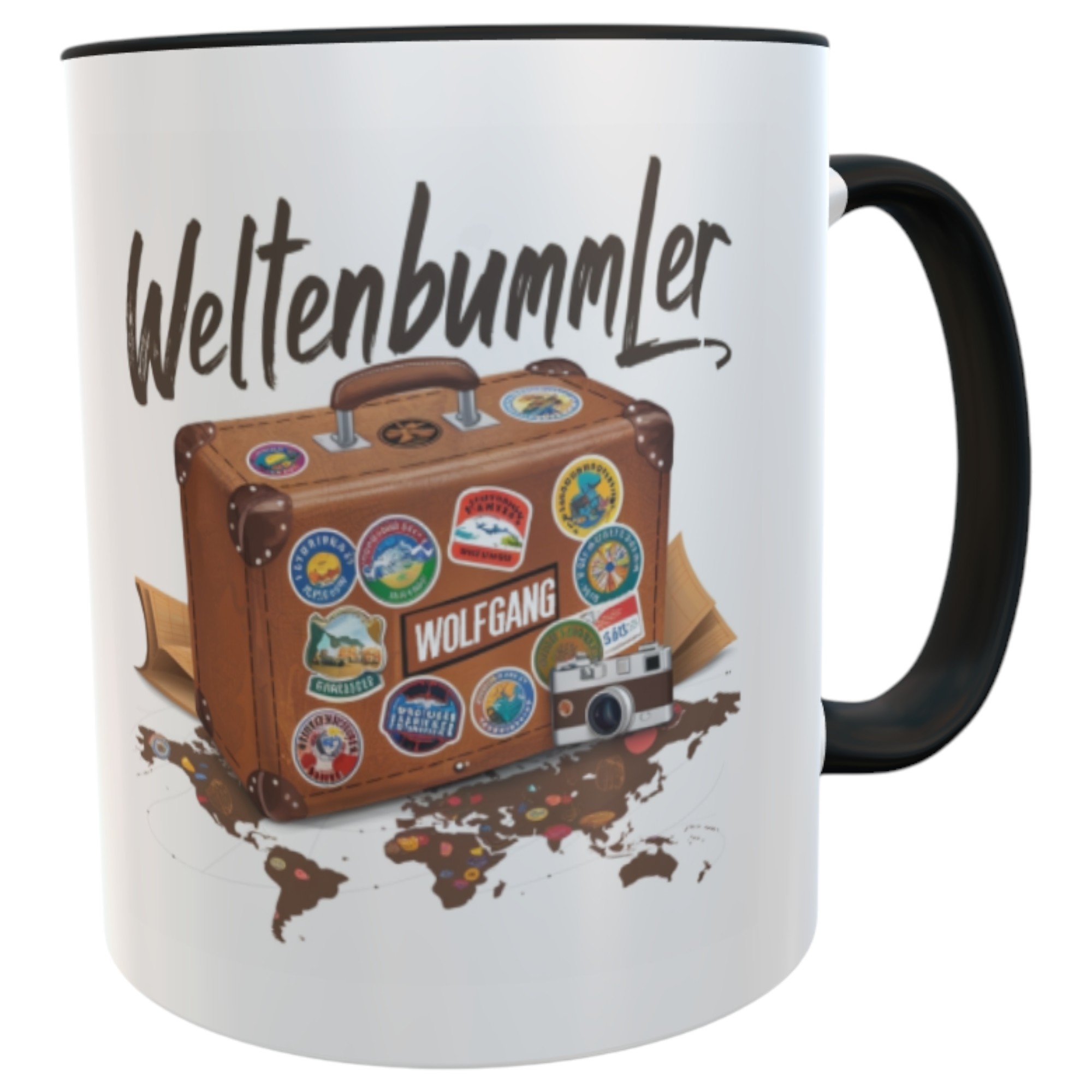 Personalisierte Weltenbummler Tasse – Kaffeebecher mit Namen & Koffer-Motiv – Geschenk für Reisende & Globetrotter