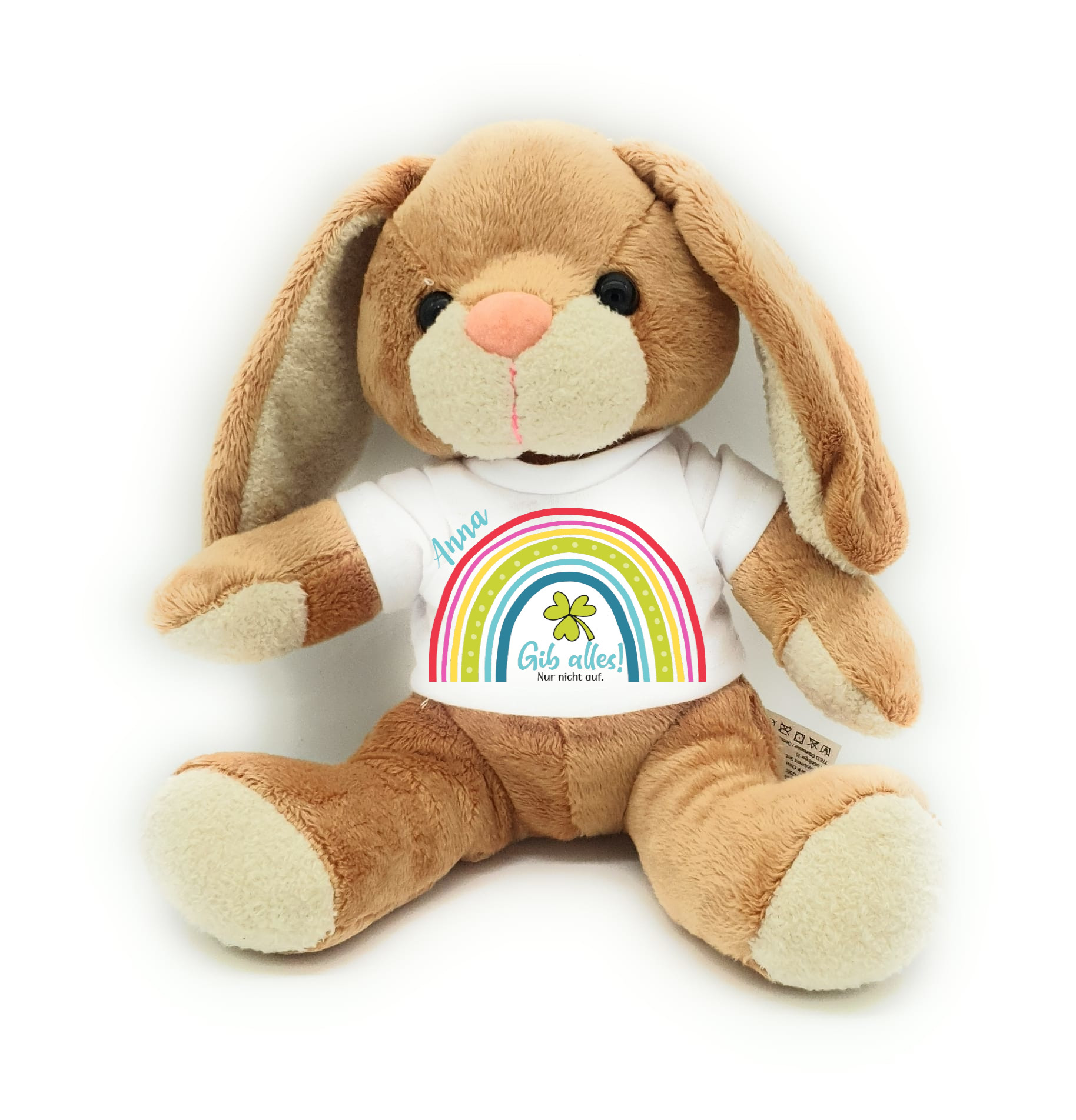 Gute Besserung Kuscheltier Hase Regenbogen Gib alles nur nicht auf mit Namen