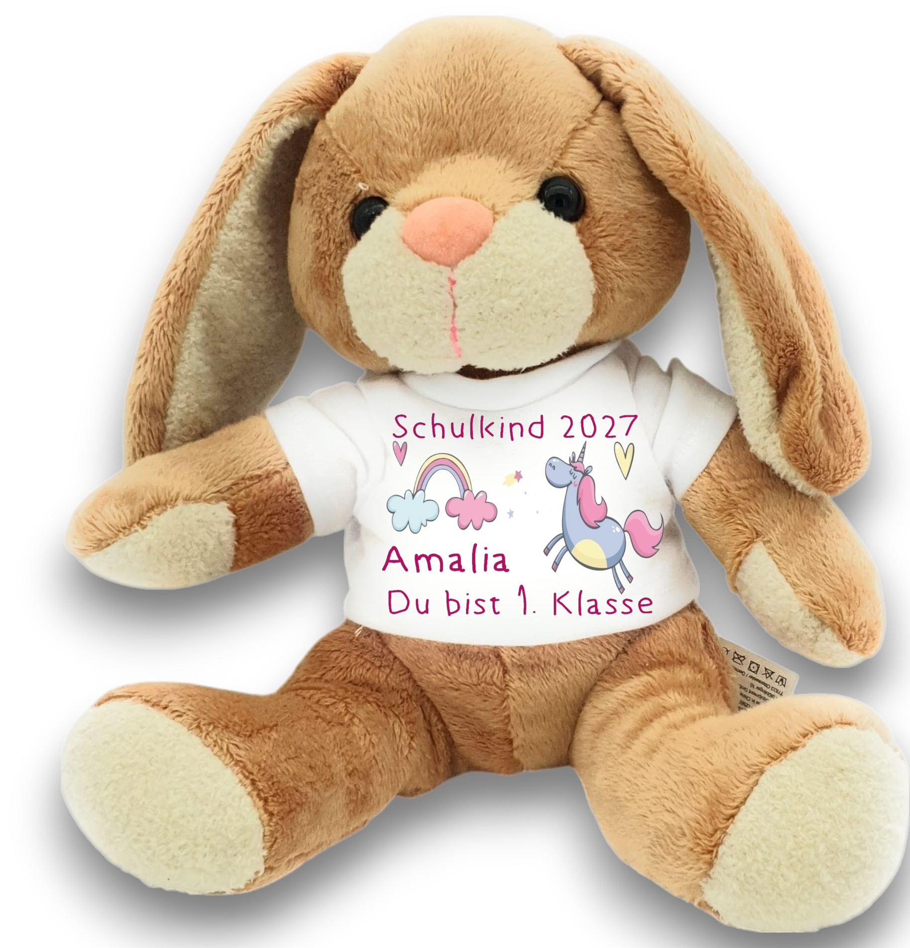 Einschulungsgeschenk Hase Kuscheltier mit Name – Einhorn-Shirt