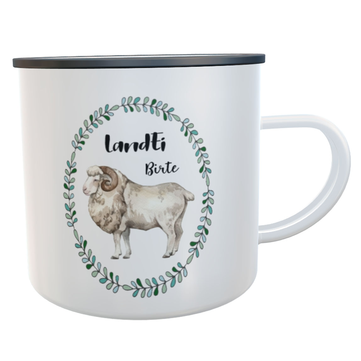 Emaille-Tasse Bock/Schaf LandEi mit Namen