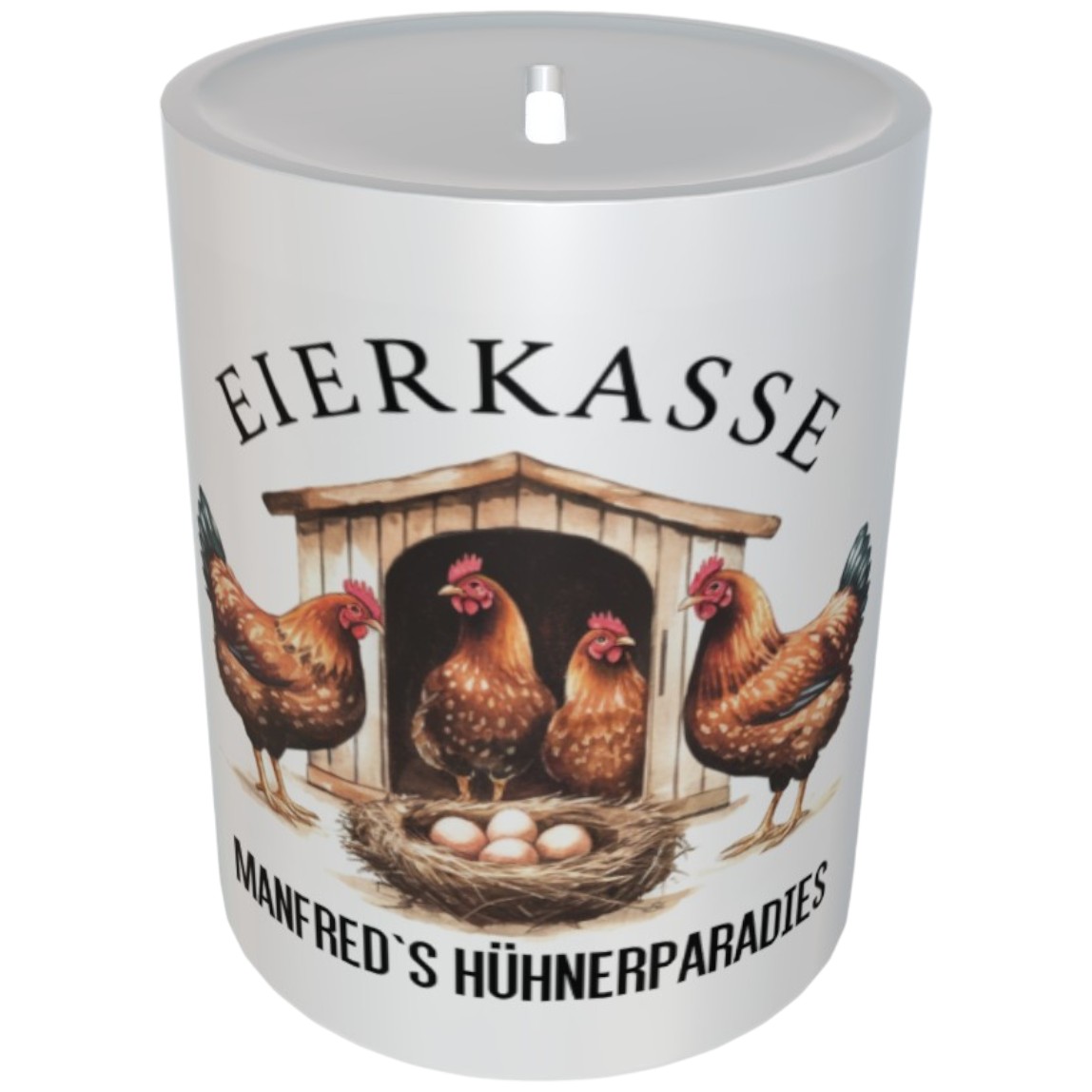 Eierkasse Spardose für Hühnerhalter mit Wunschname Eiergeld sammeln mit Stil – Motiv Hühnerparadies