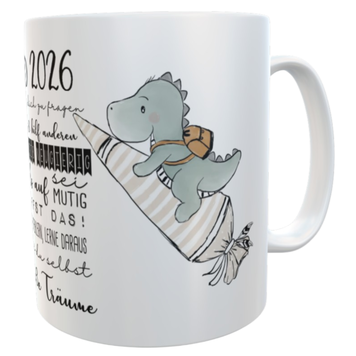 Tasse Schulkind 2026 Dino mit Mutmachsprüchen zur Einschulung Jungen