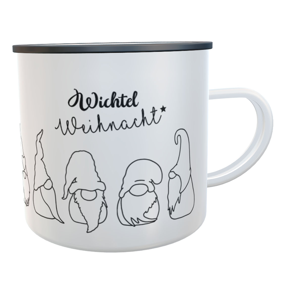 personalisierter Emaillebecher Wichtel-Tasse schwarz mit Name