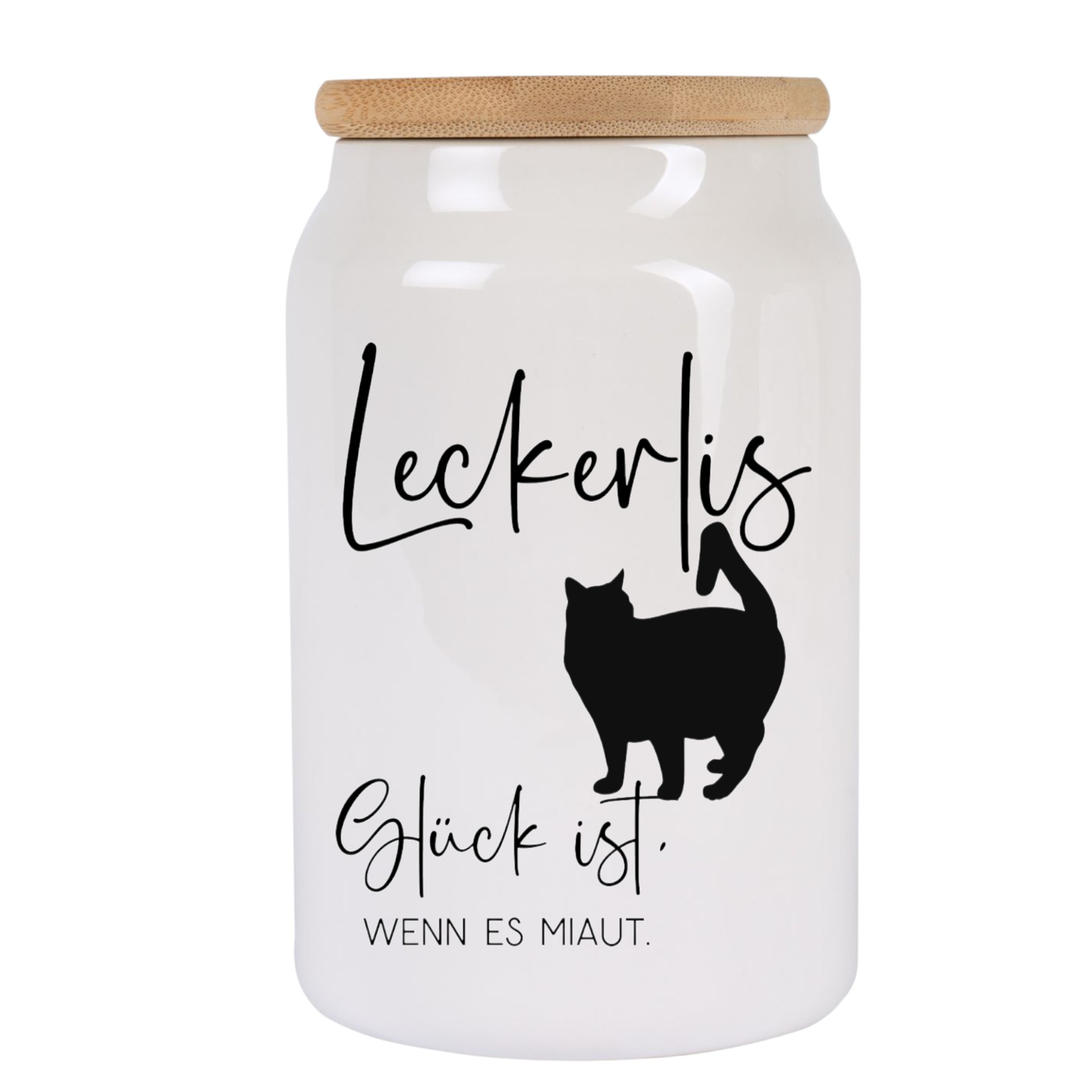 Leckerlidose Katze 650 ml – luftdichte Keramikdose mit Holzdeckel & Silikon – „Glück ist, wenn es miaut“ – Vorratsdose für Katzenfutte