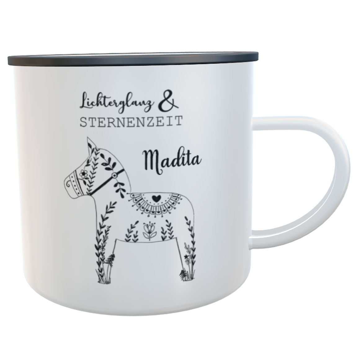 personalisierter Emaillebecher skandinavische Dala Pferd mit Name