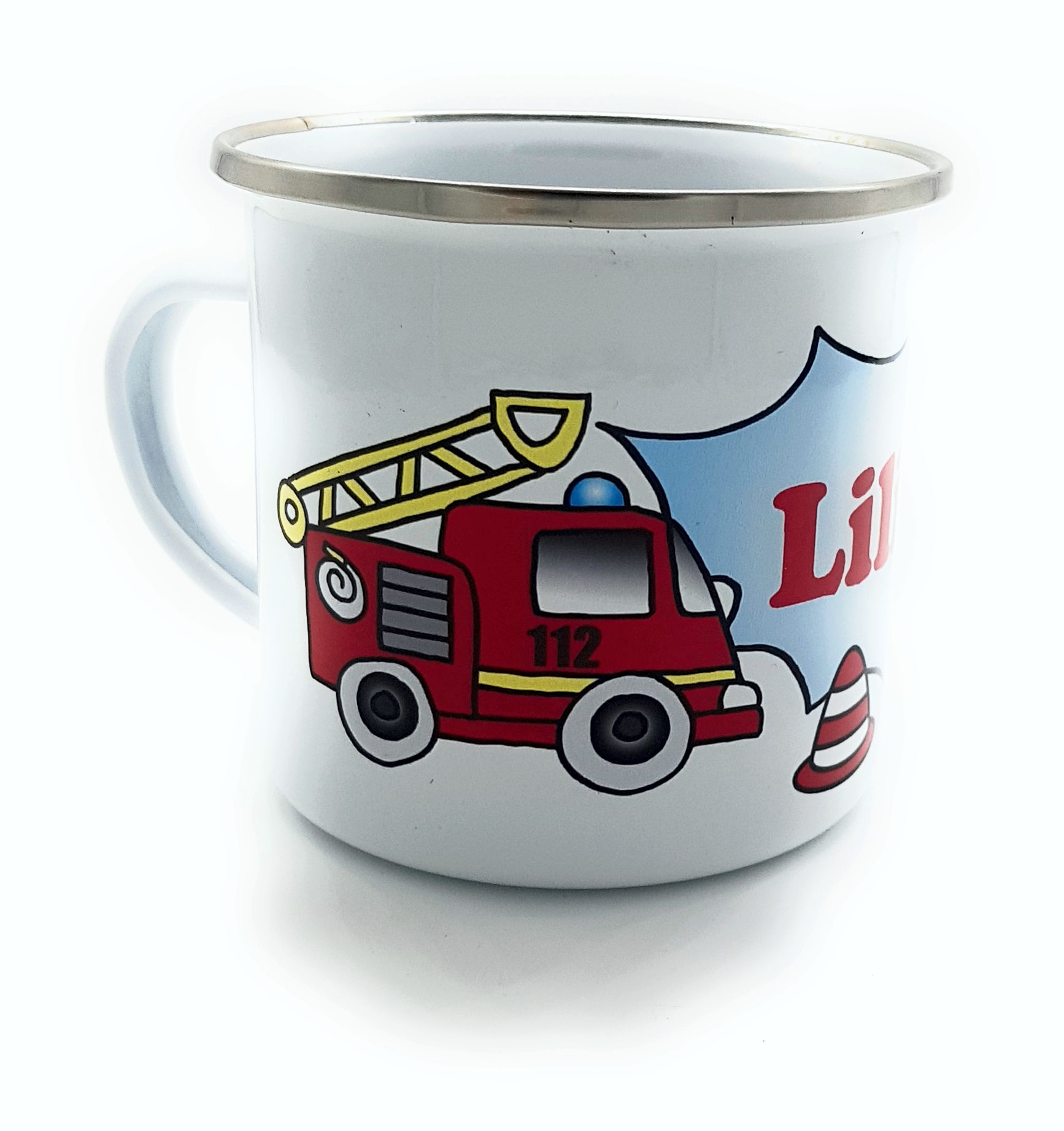 Metalltasse Emaille-Look Feuerwehrauto mit Feuerwehrmann und Wunschname