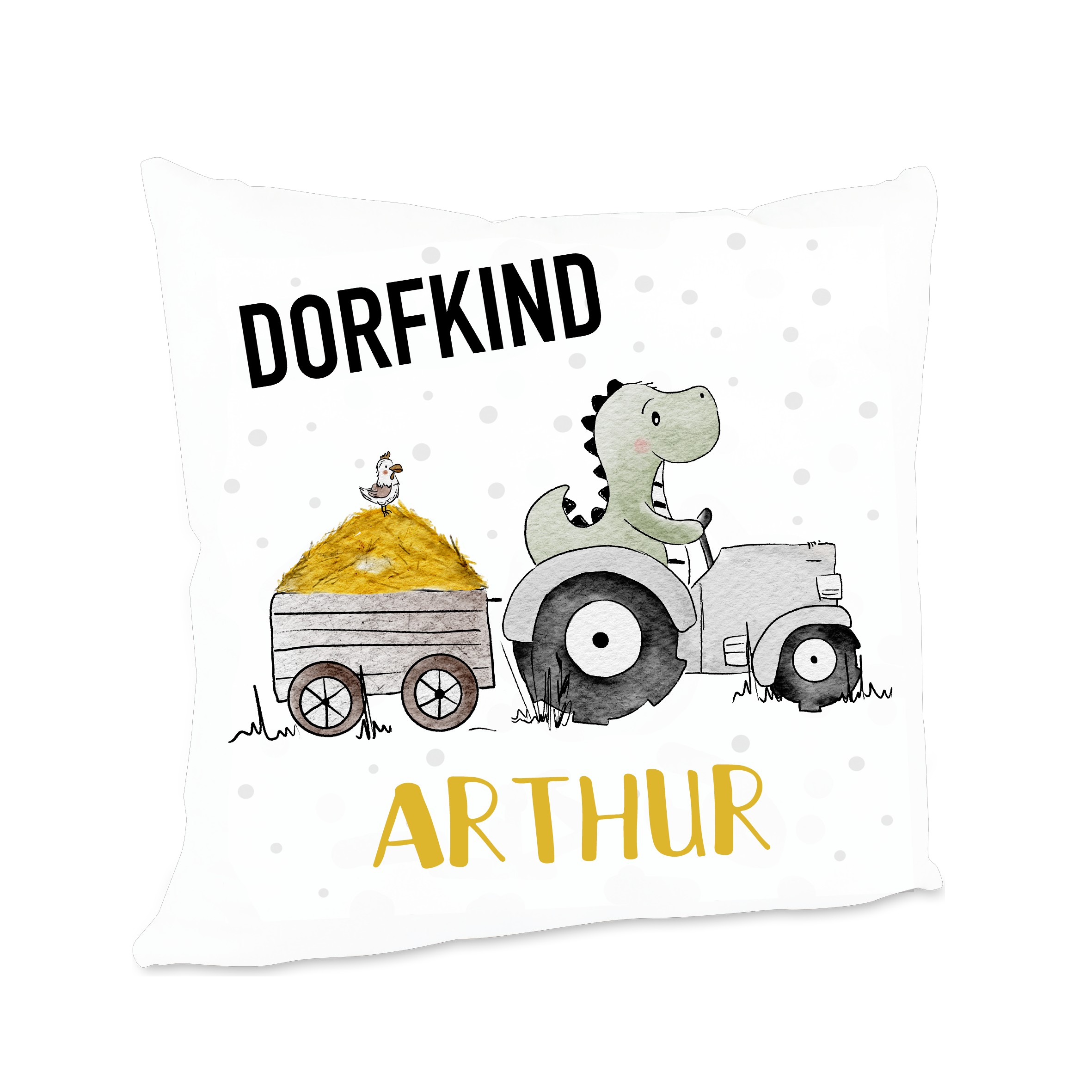Personalisiertes "Dorfkind" Kissen mit Traktor & Dino Design