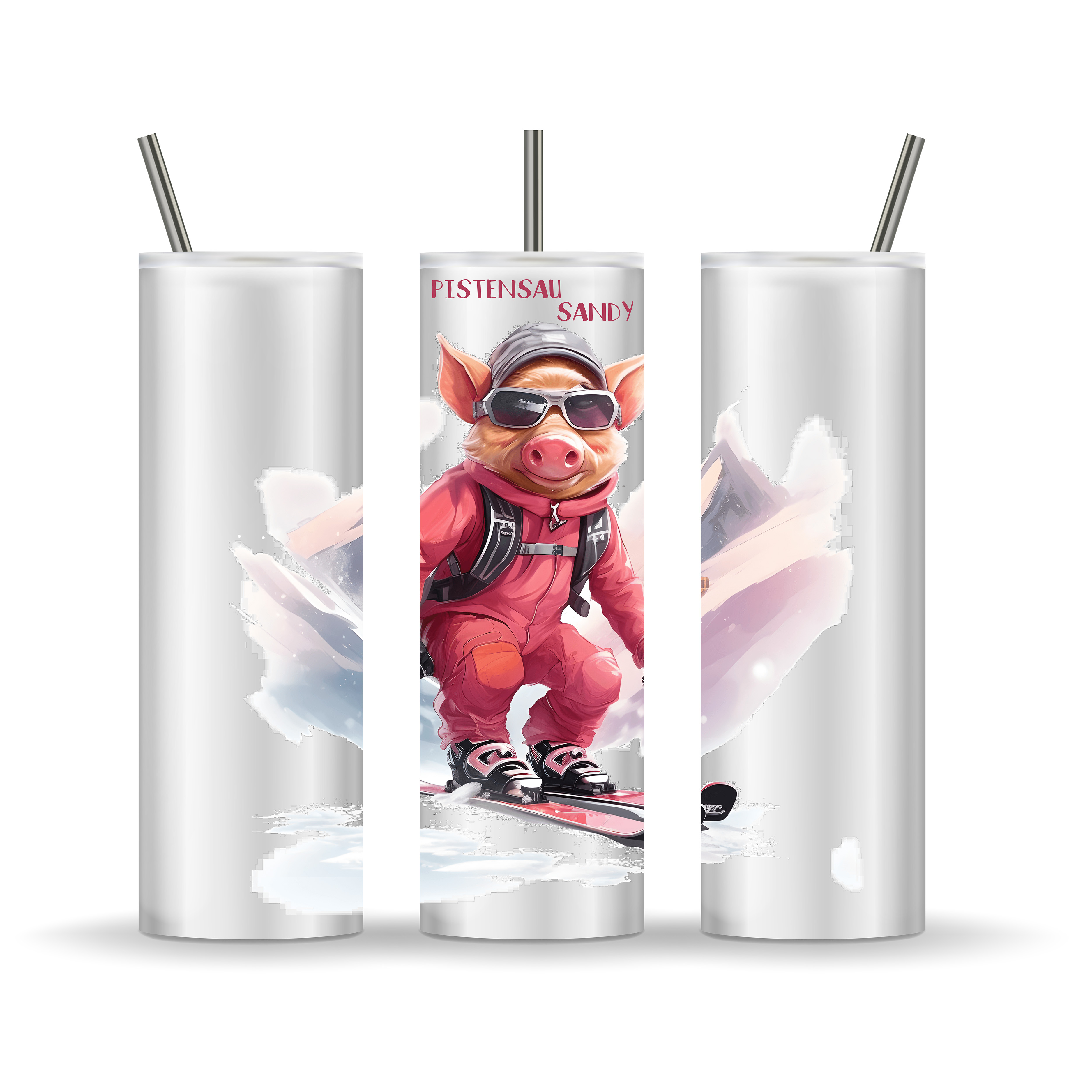 Cooler Edelstahl Thermobecher, Pistensau mit Wunschname, Trinkhalm Inkl