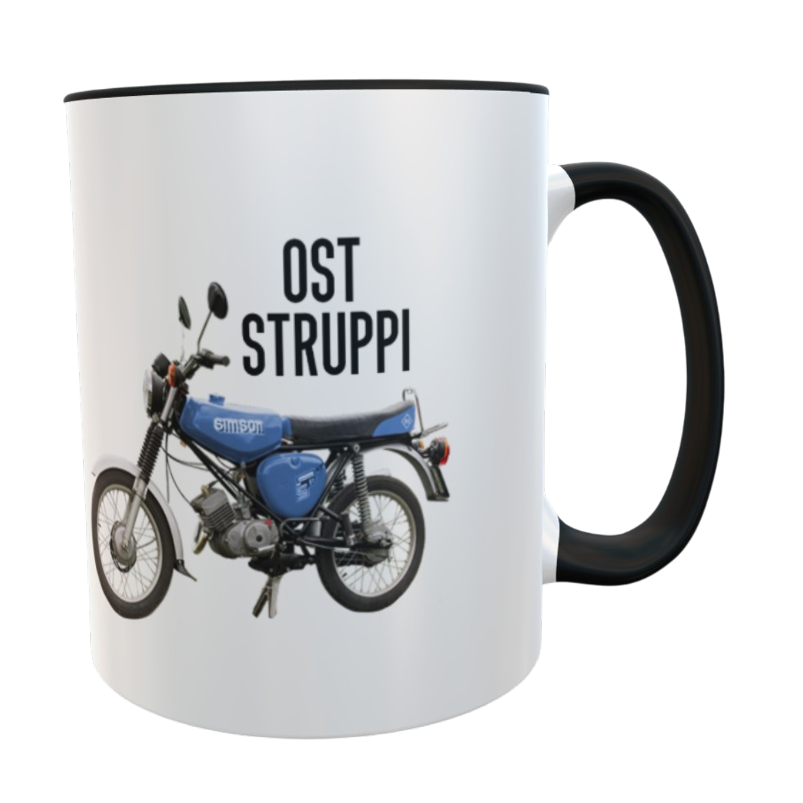 Ost Struppi Keramiktasse 330 ml mit blauem Simson Motiv – Spülmaschinenfester Kaffeebecher mit schwarzem Henkel