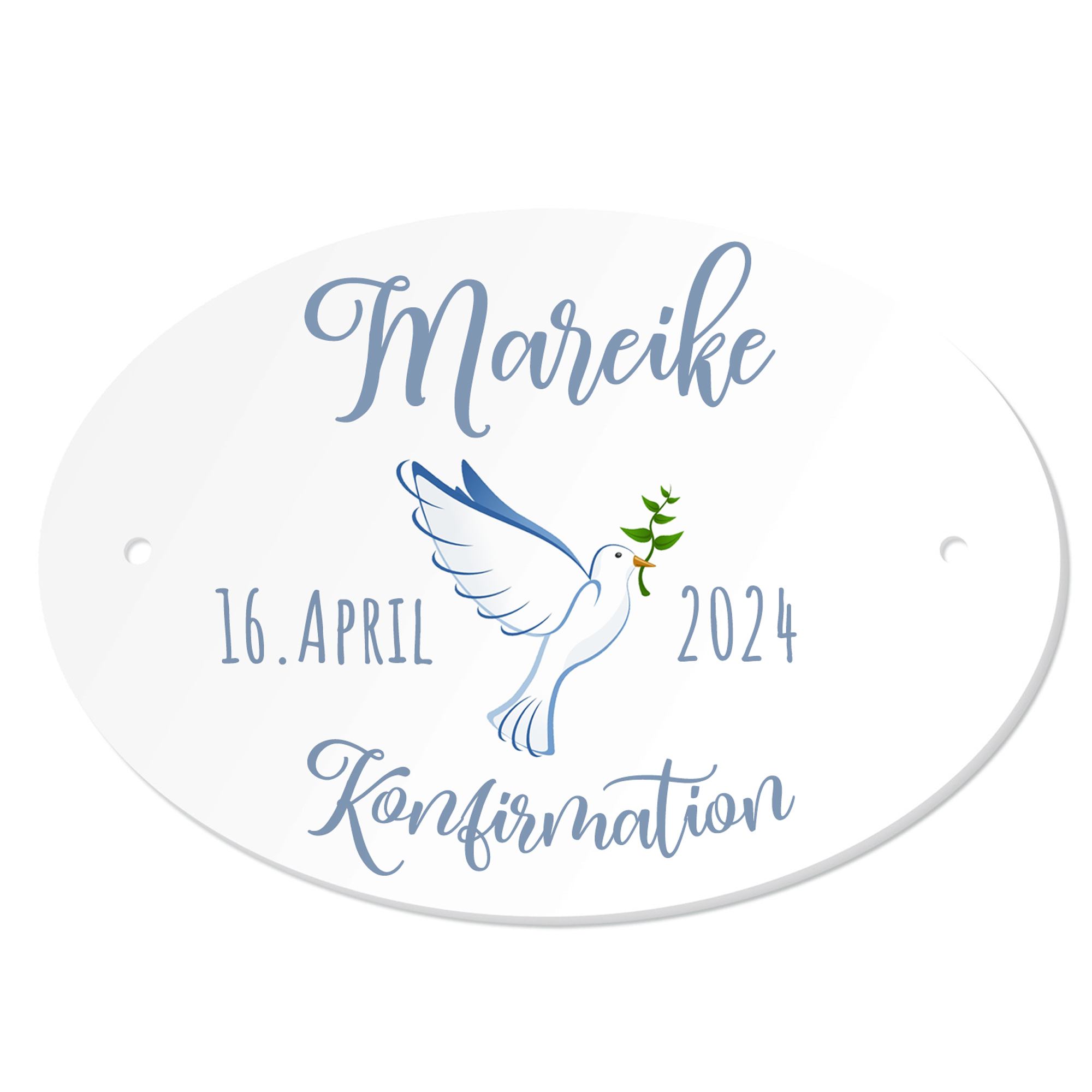 Personalisiertes Namenschild zur Konfirmation Taube blau