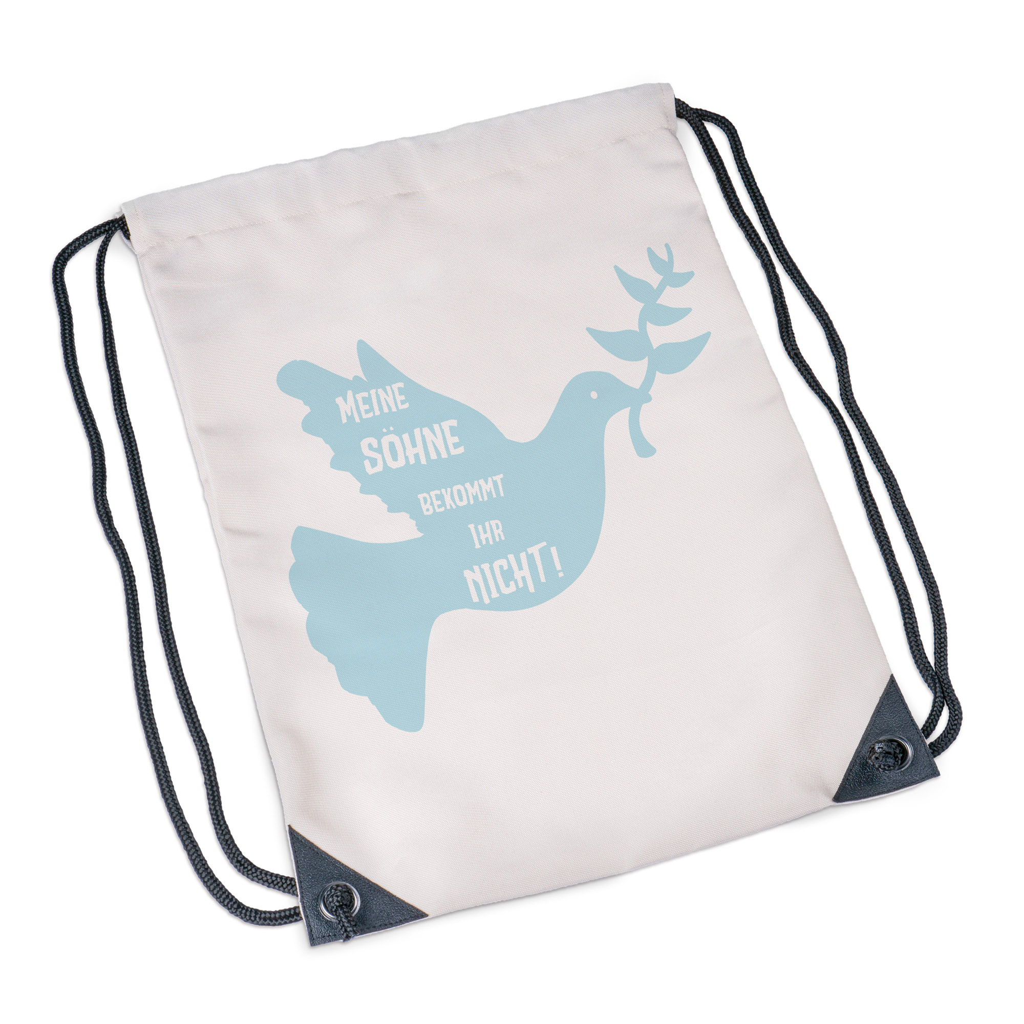 Friedensbotschafter Turnbeutel-Rucksack - Meine Söhne bekommt Ihr nicht! Friedenstaube Motiv hellblau