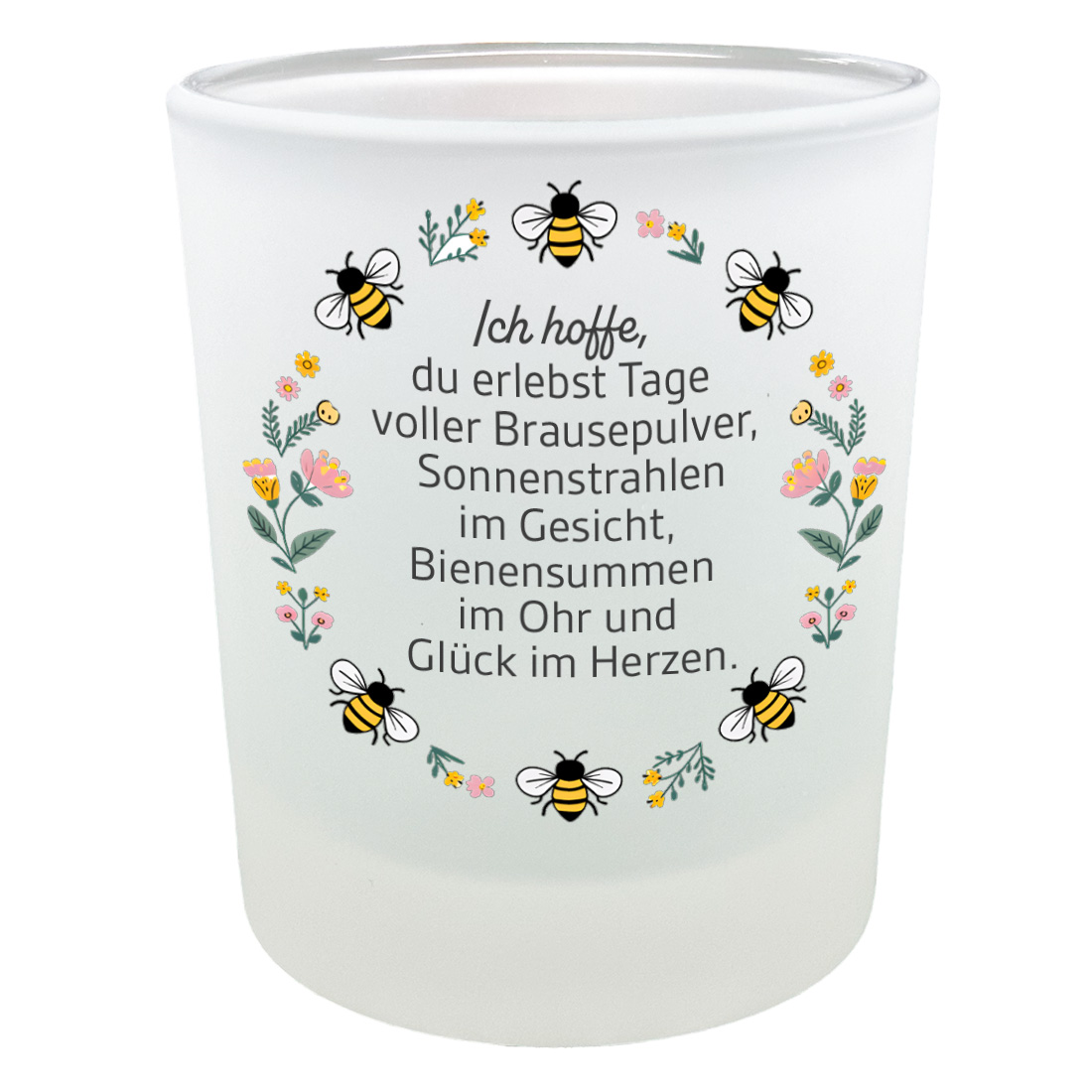 Teelichtglas Spruch Brausepulver-Tage mit Bienen