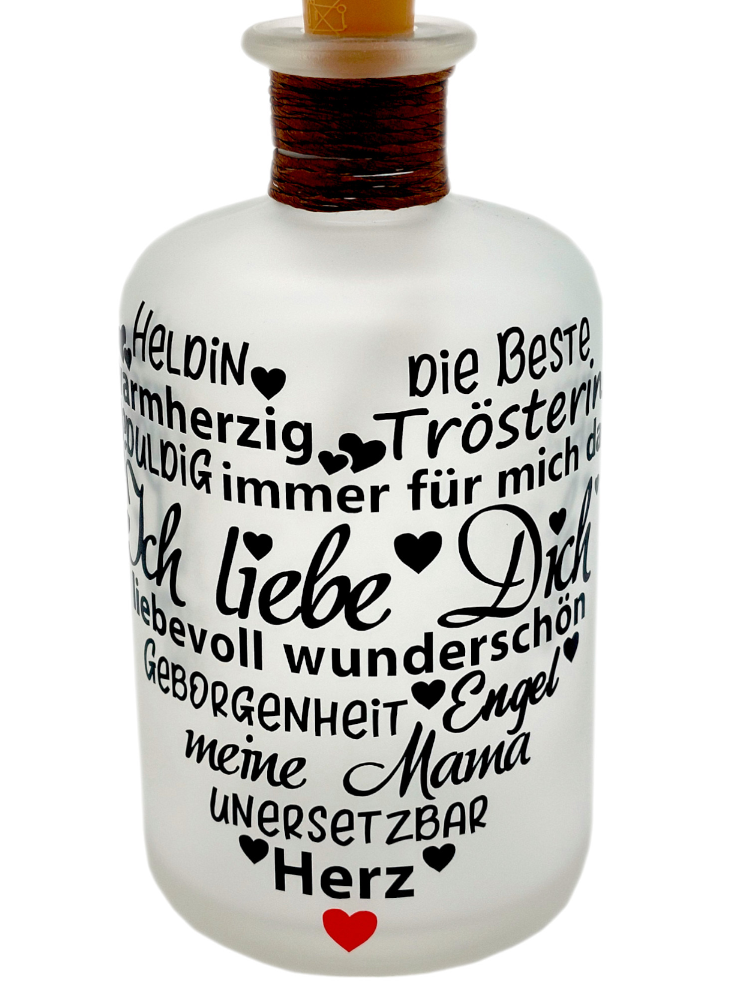 Gefrostete Dekoflasche Mutterherz, Emotionales Geschenk, 16 cm