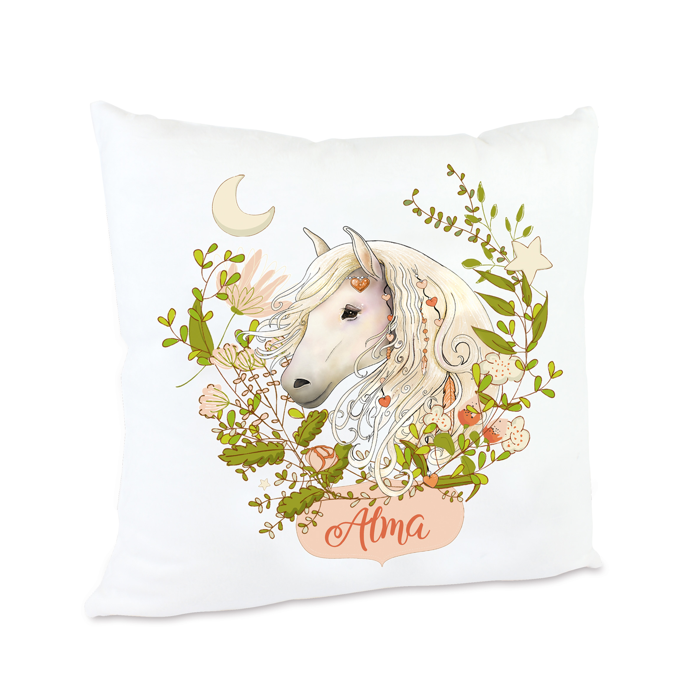 Kissen Pferdekopf-Motiv beige mit Namen