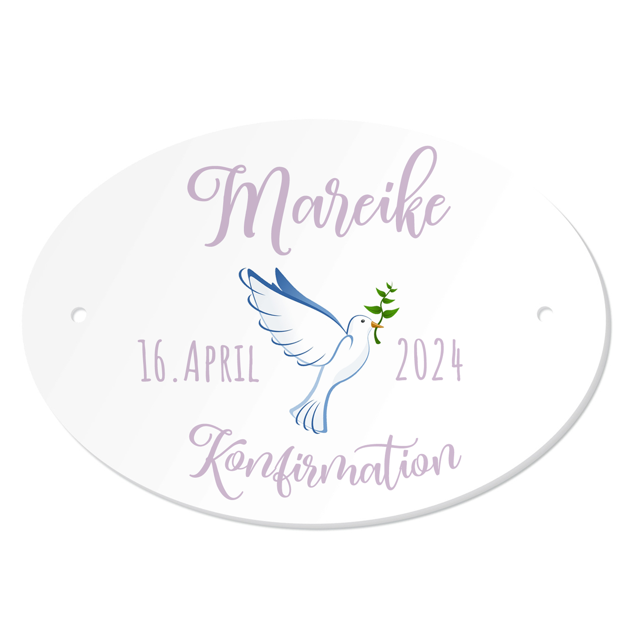Personalisiertes Namenschild zur Konfirmation Taube Mädchen