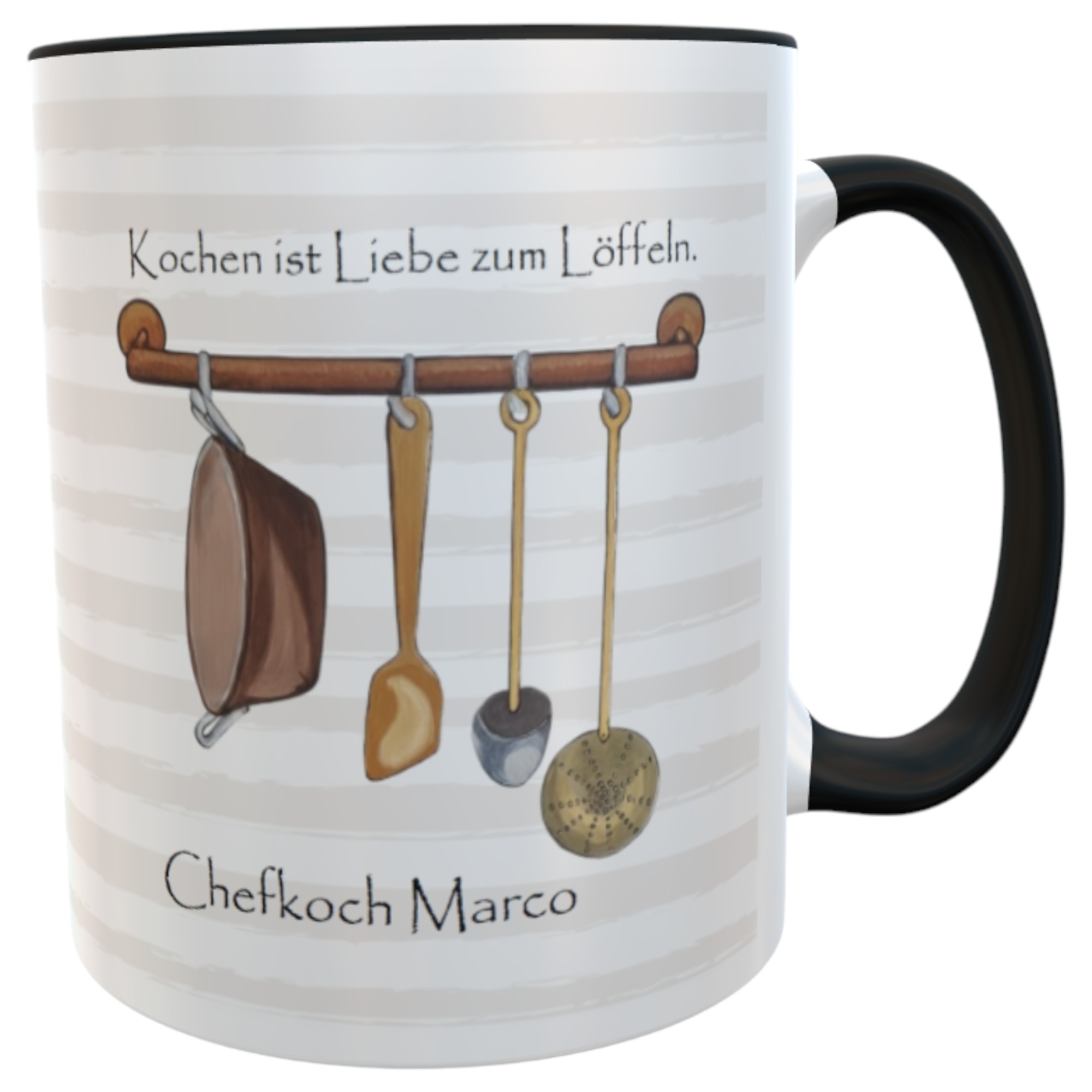 Kaffeetasse Chefkoch mit Namen – Schwarz – Kochen ist Liebe zum Löffeln – Geschenk für Männer & Hobbyköche