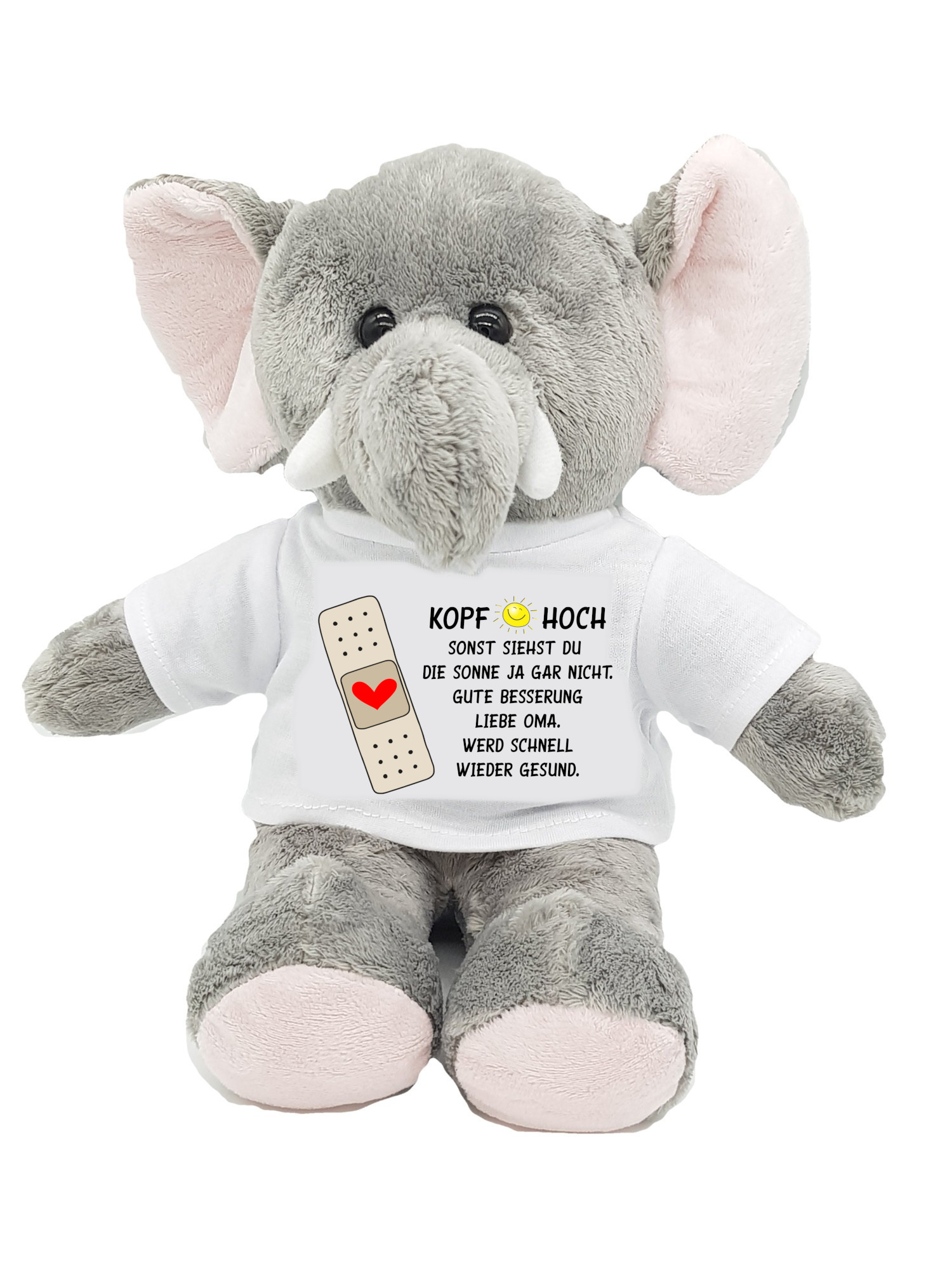 Gute Besserung Kuscheltier Elefant Kopf hoch mit Wunschname personalisiert