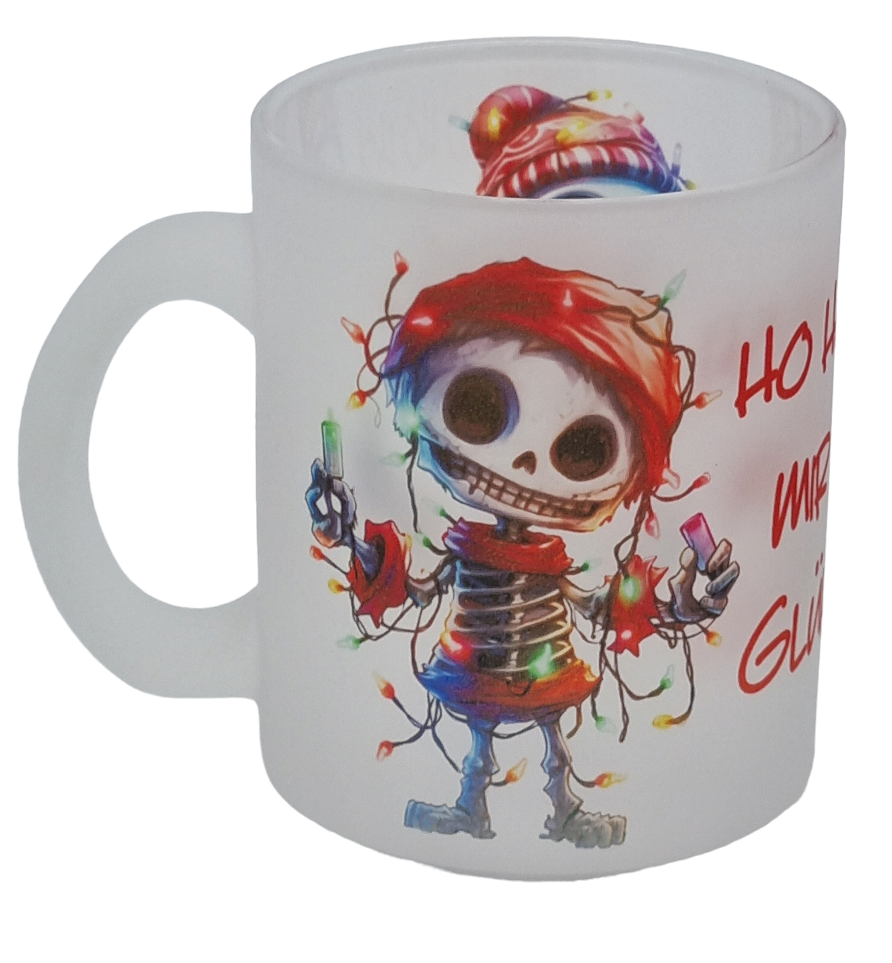 Glühwein Glas-Tasse mit lustigem Spruch im mexikanischen La Catrina Totenfest Style