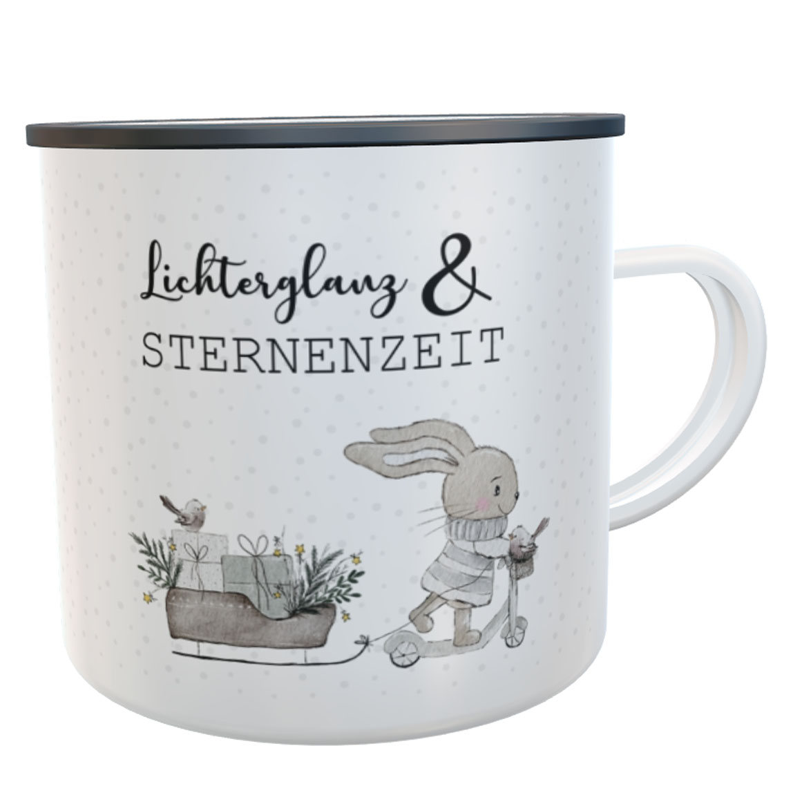 personalisierter Kinder-Emaillebecher Hase/Schlitten