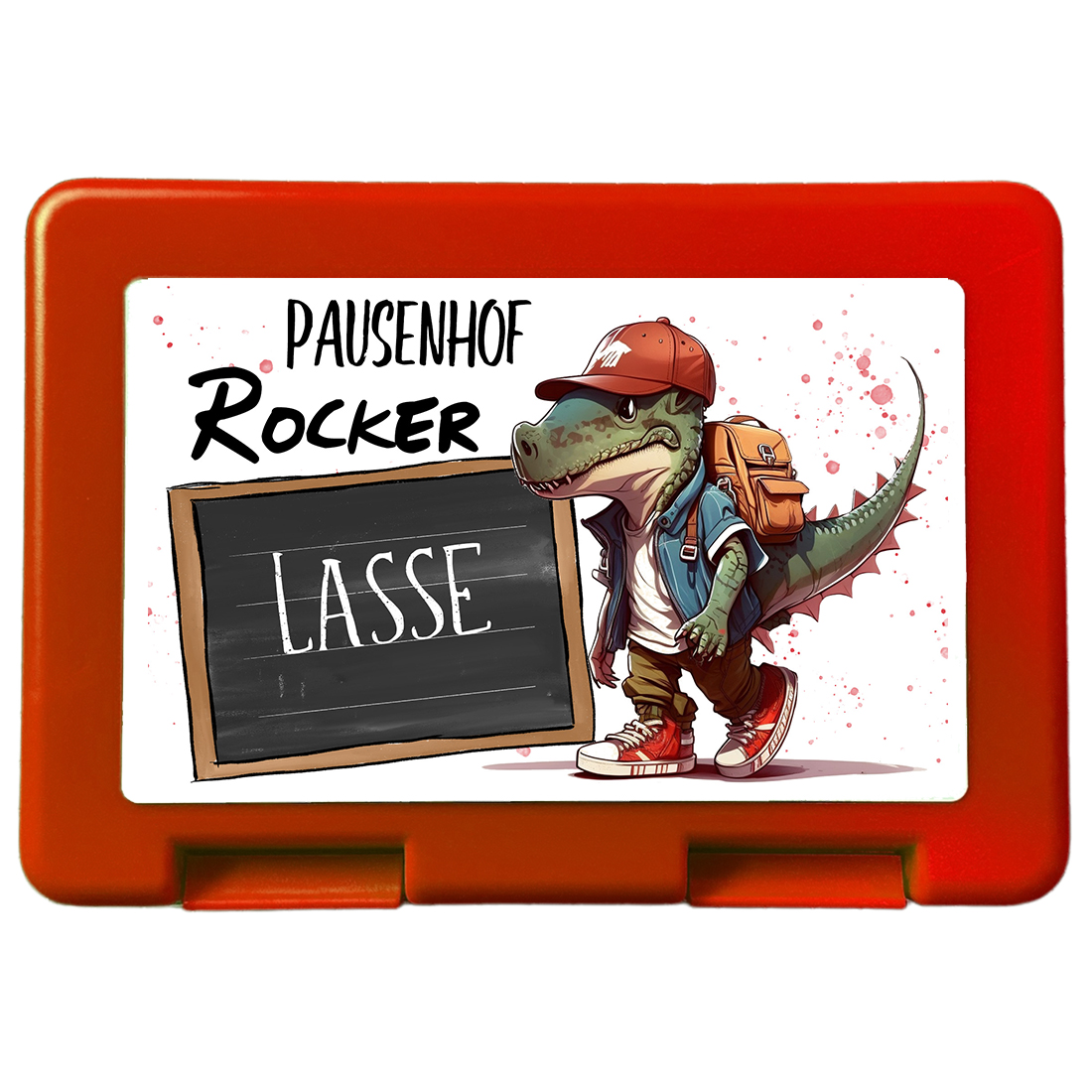 Personalisierte Brotdose rot für Kinder - Dino Pausenhof Rocker Design