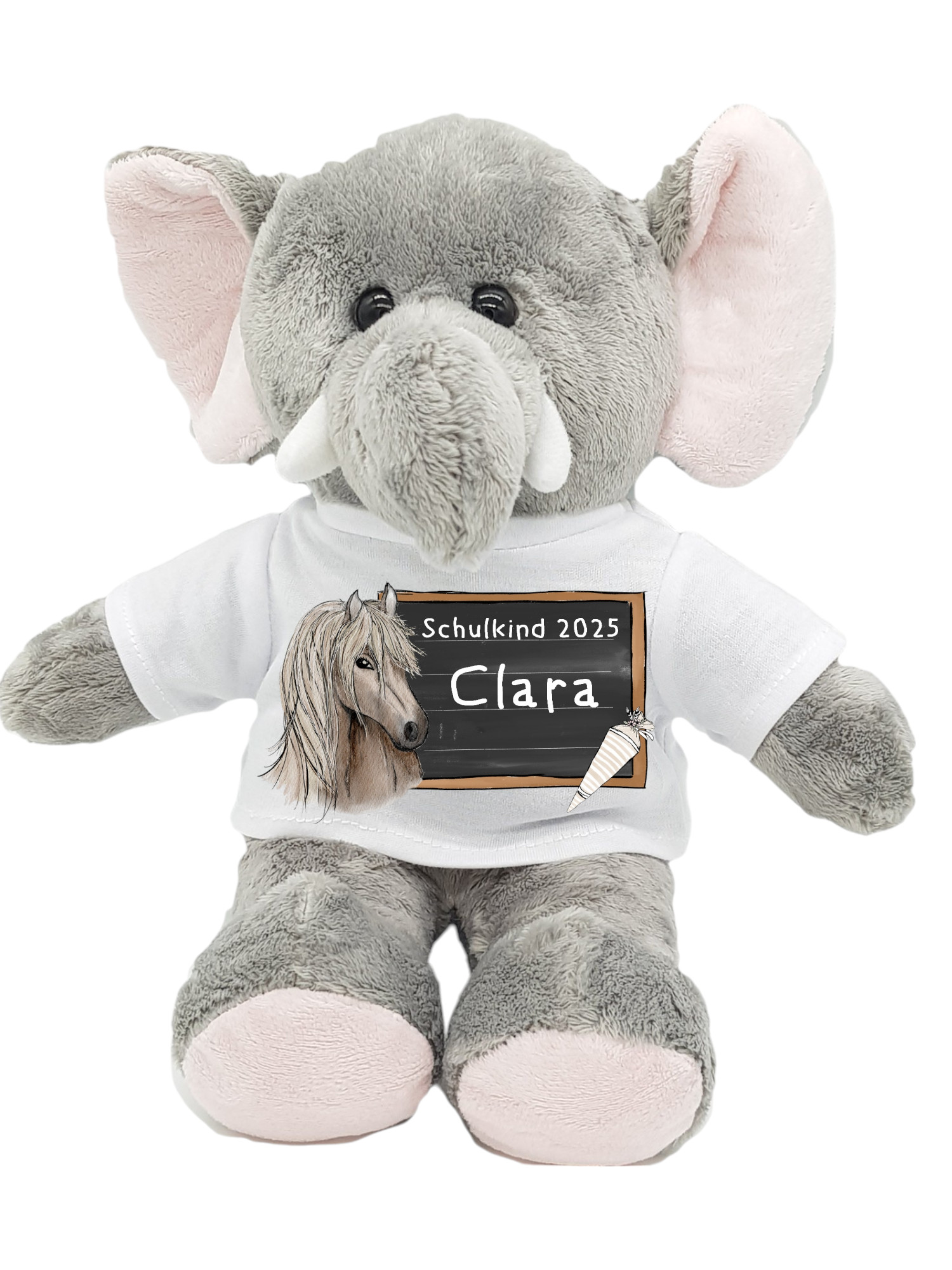 Einschulung Kuscheltier Elefant – Pferd-Motiv & Name – Schulkind 2025