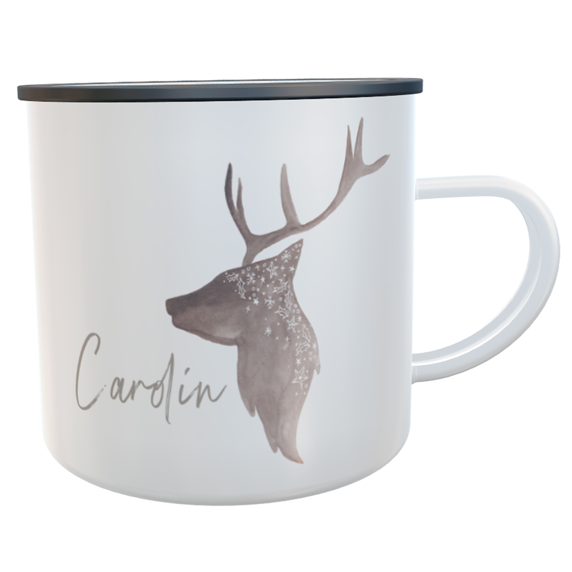 Personalisierte Emaille Tasse mit Hirsch-Kopf Motiv Sternen
