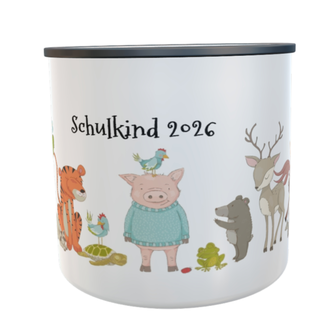 Emaille-Tasse Tiere mit Namen Schulkind 2026 Kindertasse Geschenk zur Einschulung
