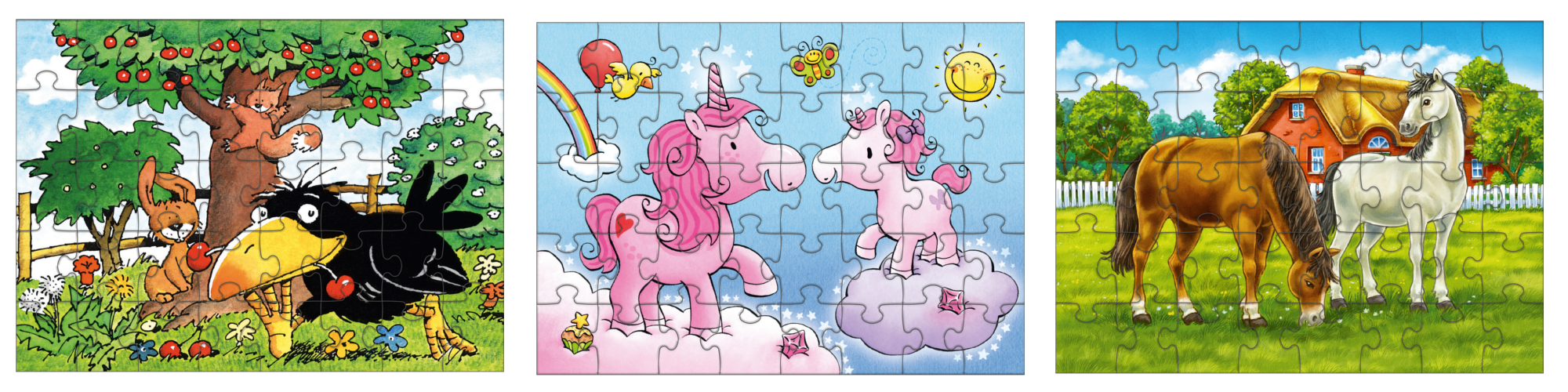 Haba Mini Puzzle 3-Set Einhorn, Pferde und Obstgarten
