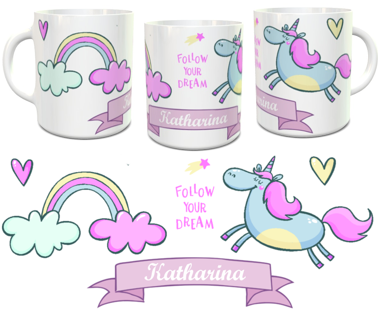 Einhorn-Tasse mit Wunschname - personalisierte Namenstasse pink