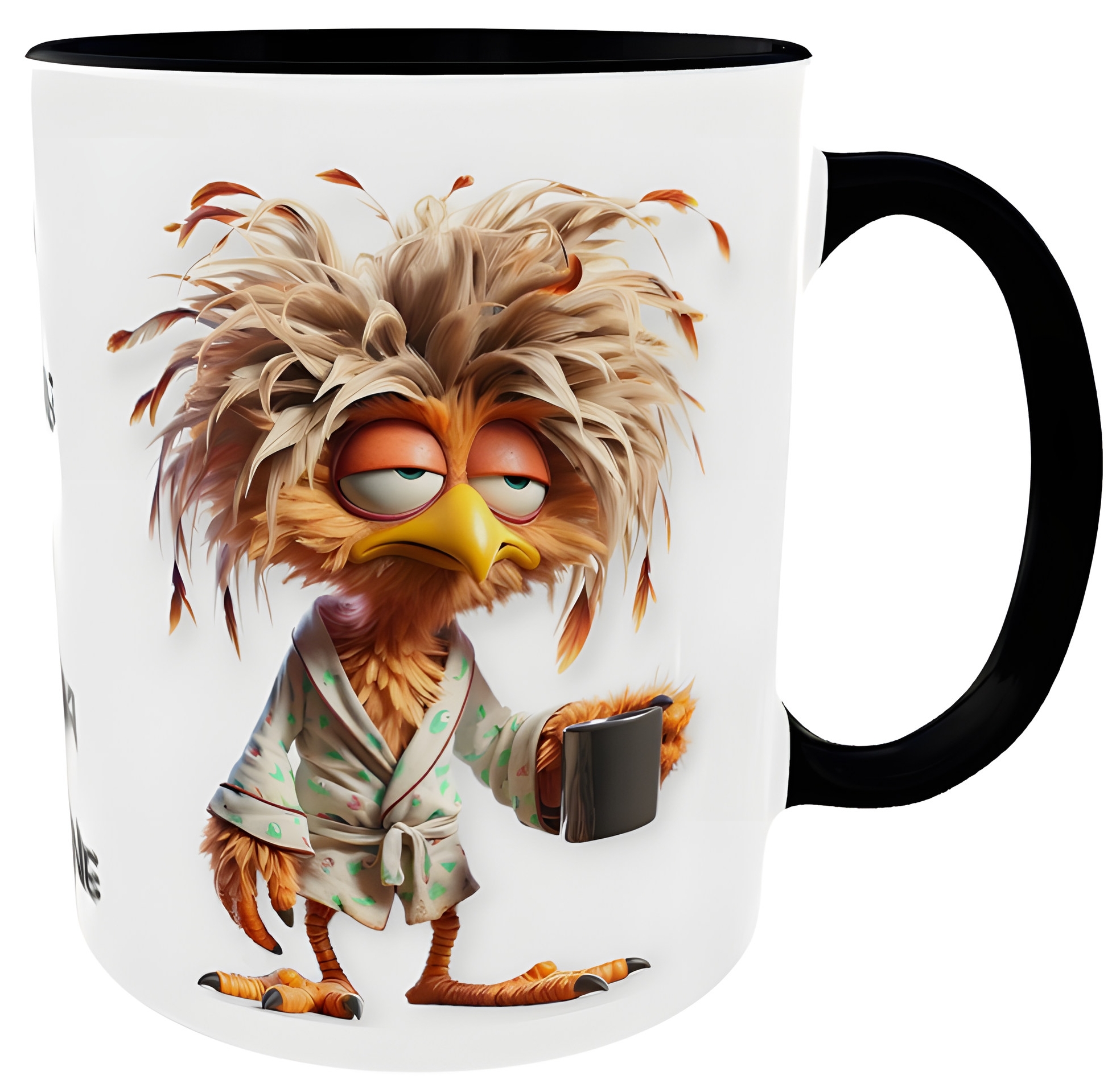 Lustige Bürotasse, Morgenmuffel Aufmunterung - Huhn mit Kaffeetasse, Ohne Kaffee kein Kikeriki