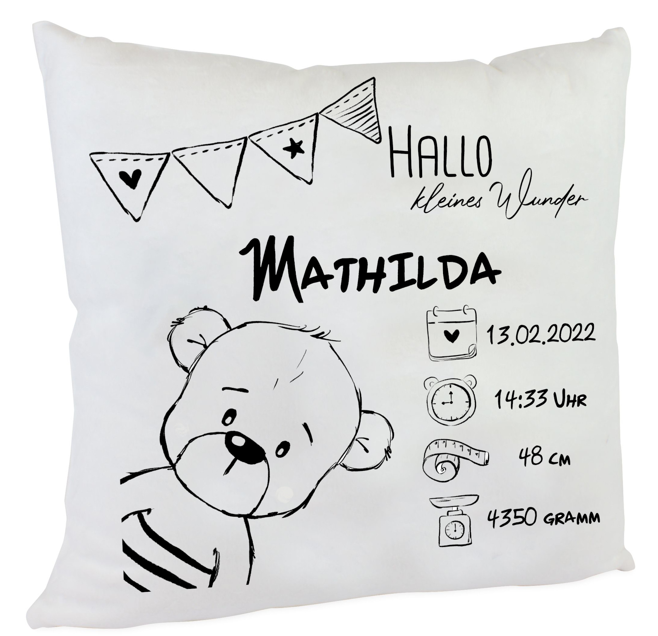 Personalisiertes Namenskissen Bär mit Geburtdatum, Gewicht, Uhrzeit und Größe