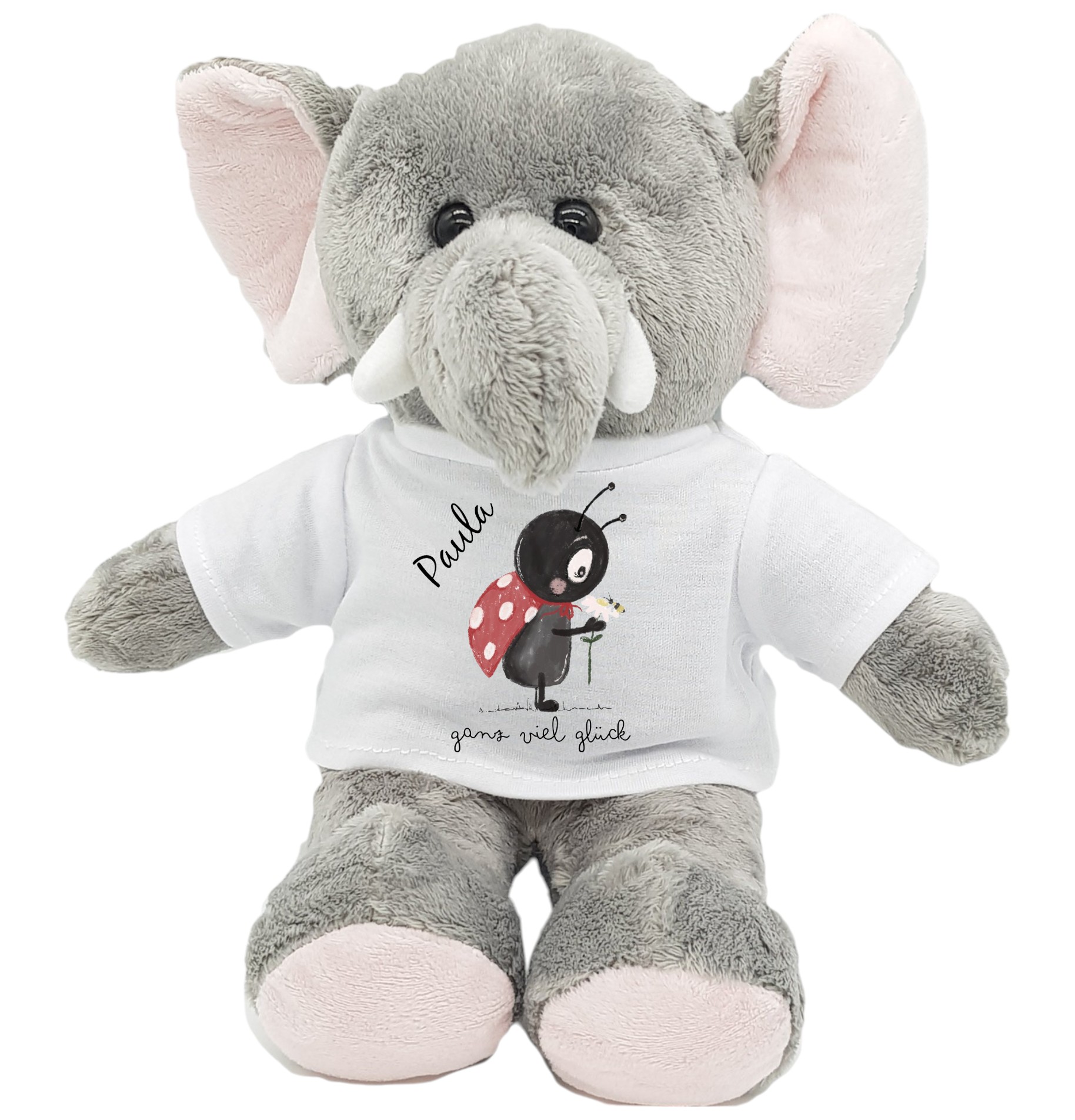 Plüschelefant „Ganz viel Glück“ mit personalisiertem T-Shirt