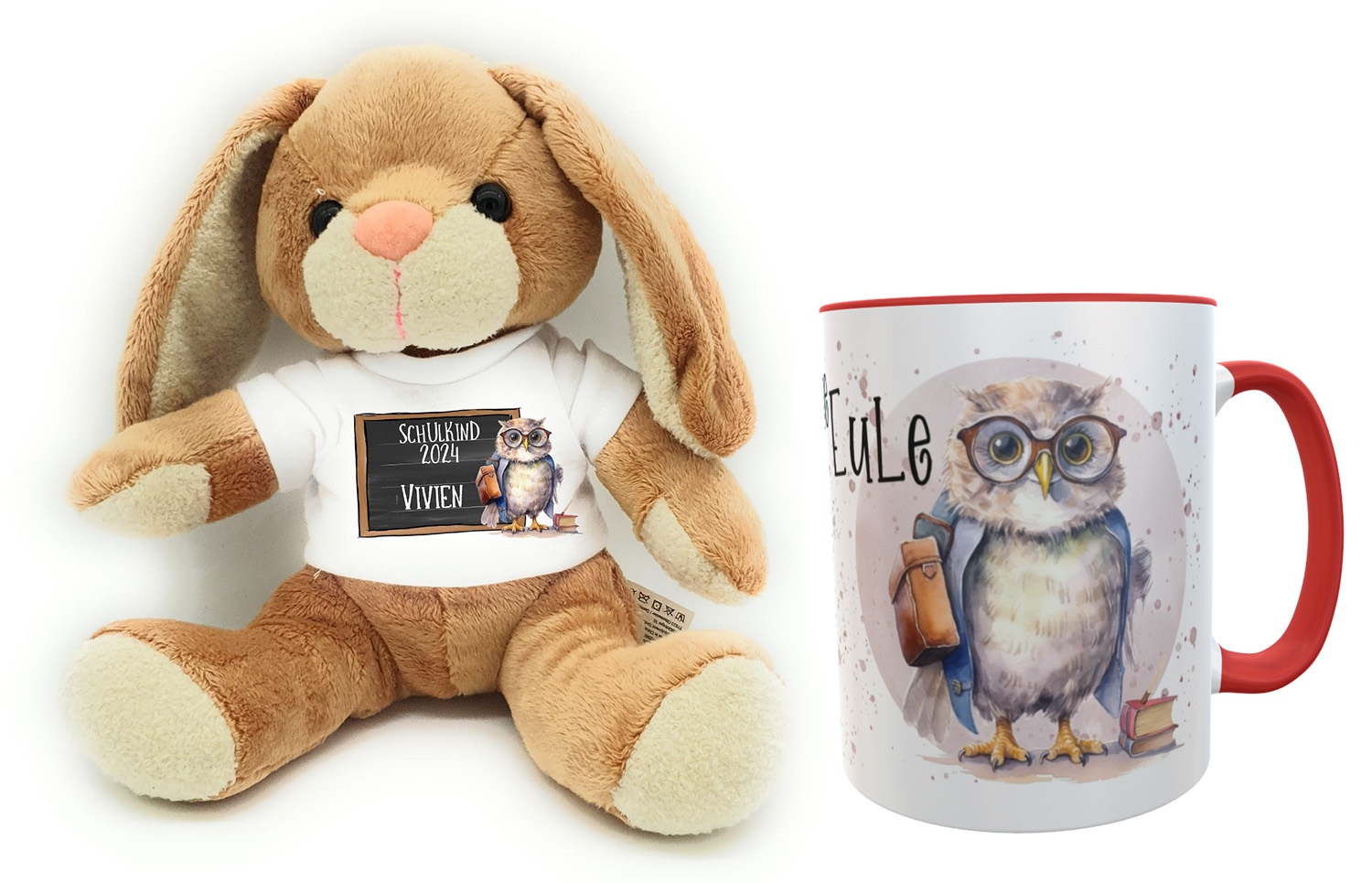 Schulanfangs-Set mit Häschen und Tasse im Eulen-Design