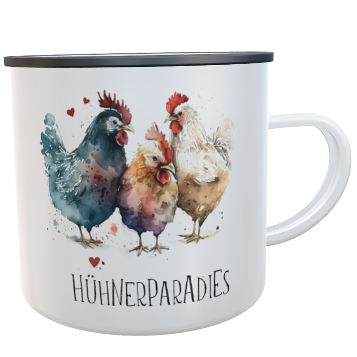 Emaille-Tasse Hühnerparadies 3 Aquarell mit Namen