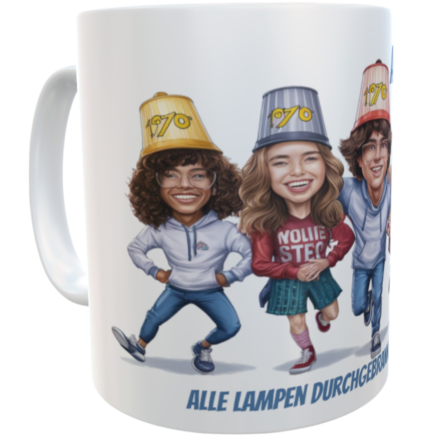 Lustige Abi-Tasse 2025 – Karikatur mit 70er-Lampenschirm & Alle Lampen durchgebrannt, aber geschafft – Geschenk zum Abitur