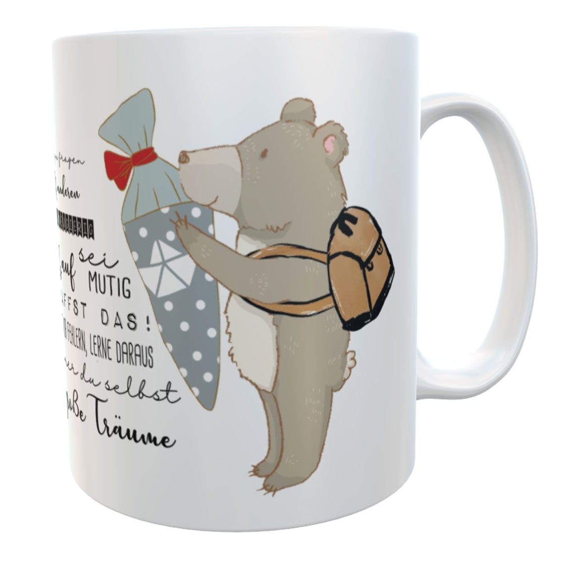 Tasse Schulkind Bär 2025 mit Mutmachsprüchen zur Einschulung